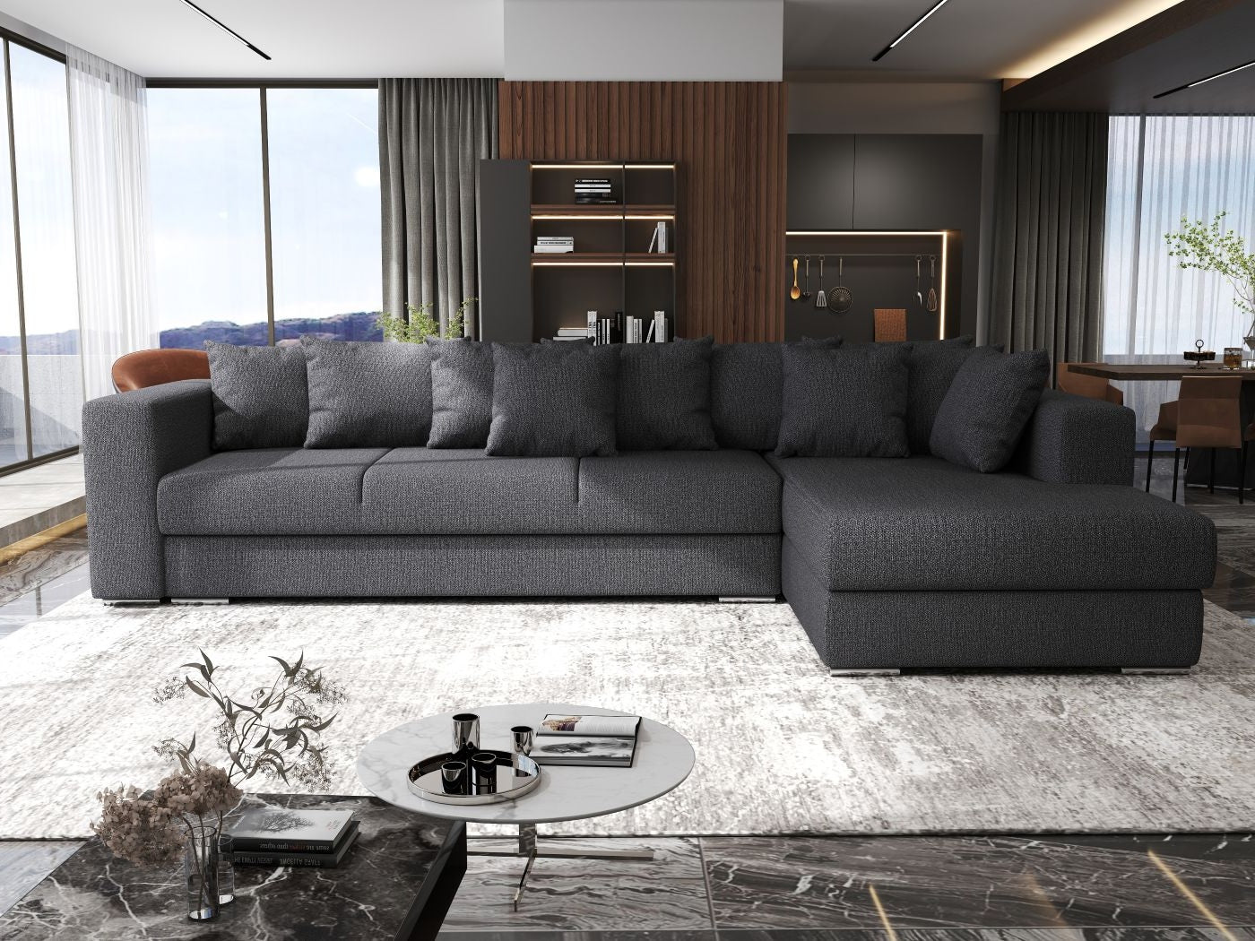 Colțar extensibil dumonde cu ladă de depozitare si sezut confortabil din spuma HR, Gloria Enjoy Grafit 320x183 cm Fabrica