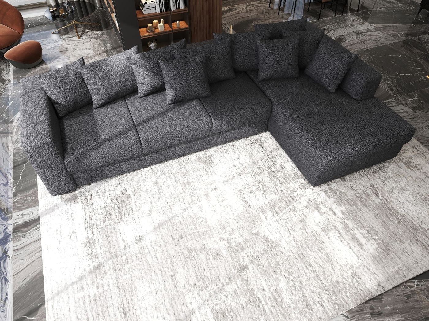 Colțar extensibil dumonde cu ladă de depozitare si sezut confortabil din spuma HR, Gloria Enjoy Grafit 320x183 cm Fabrica