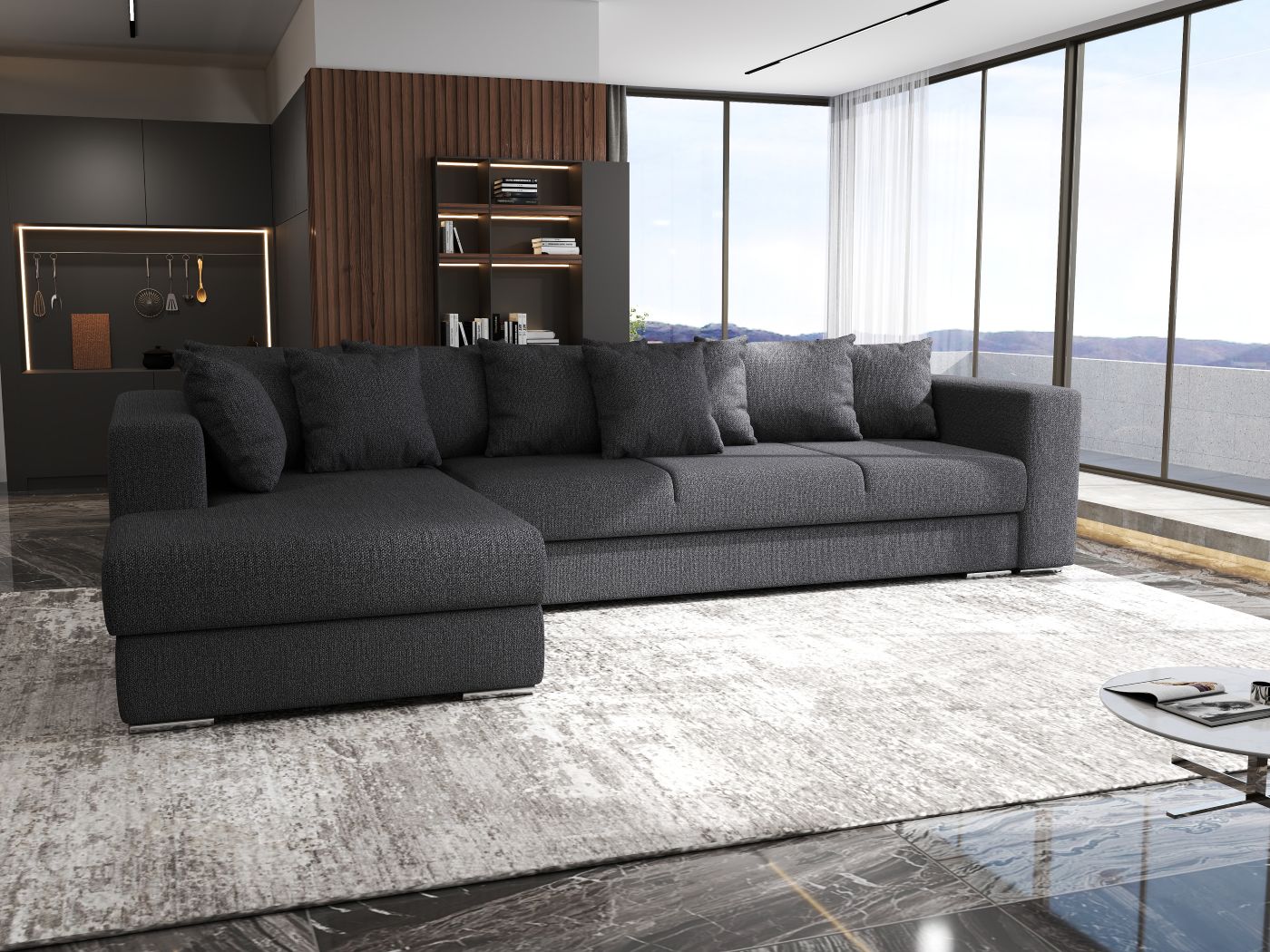 Colțar extensibil dumonde cu ladă de depozitare si sezut confortabil din spuma HR, Gloria Antracit III 320x183 cm Fabrica