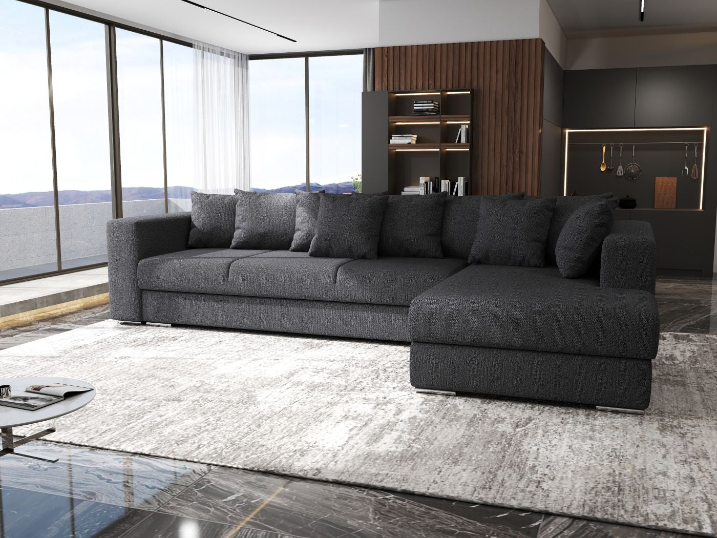 Colțar extensibil dumonde cu ladă de depozitare si sezut confortabil din spuma HR, Gloria Enjoy Grafit 320x183 cm Fabrica