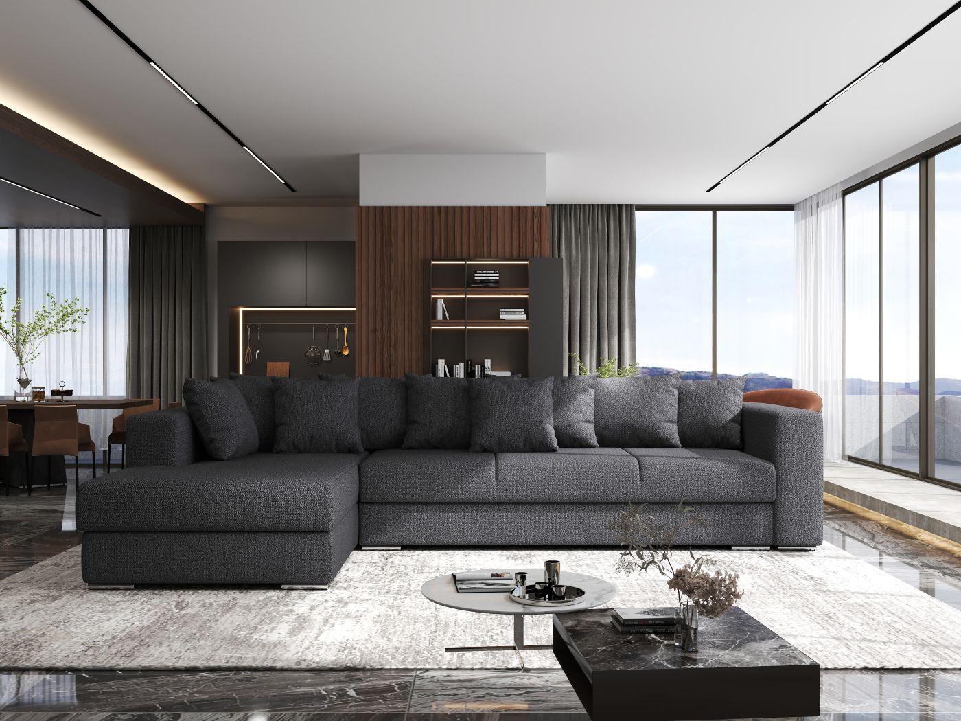 Colțar extensibil dumonde cu ladă de depozitare si sezut confortabil din spuma HR, Gloria Enjoy Grafit II 320x183 cm Fabrica