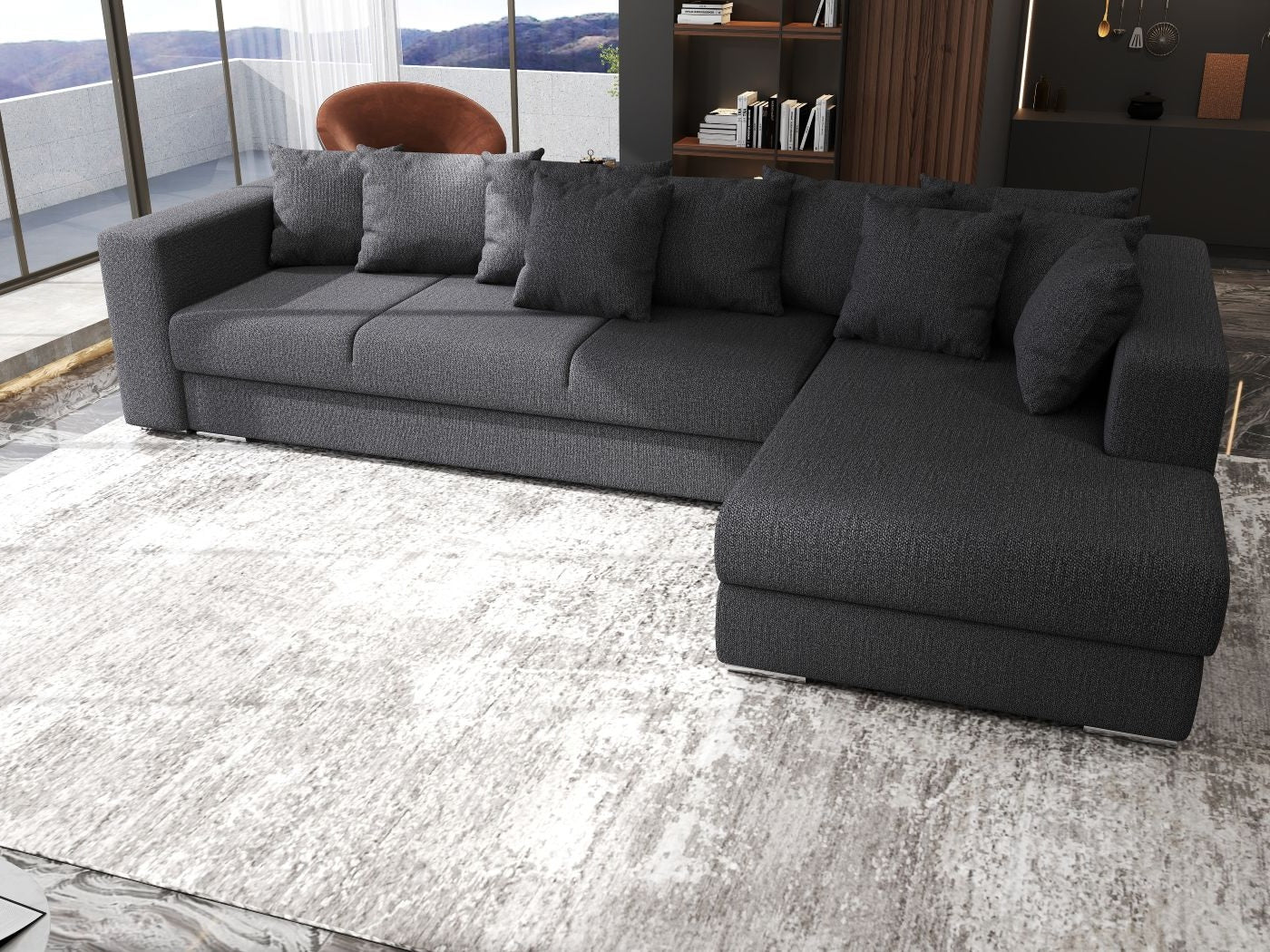 Colțar extensibil dumonde cu ladă de depozitare si sezut confortabil din spuma HR, Gloria Enjoy Grafit 320x183 cm Fabrica