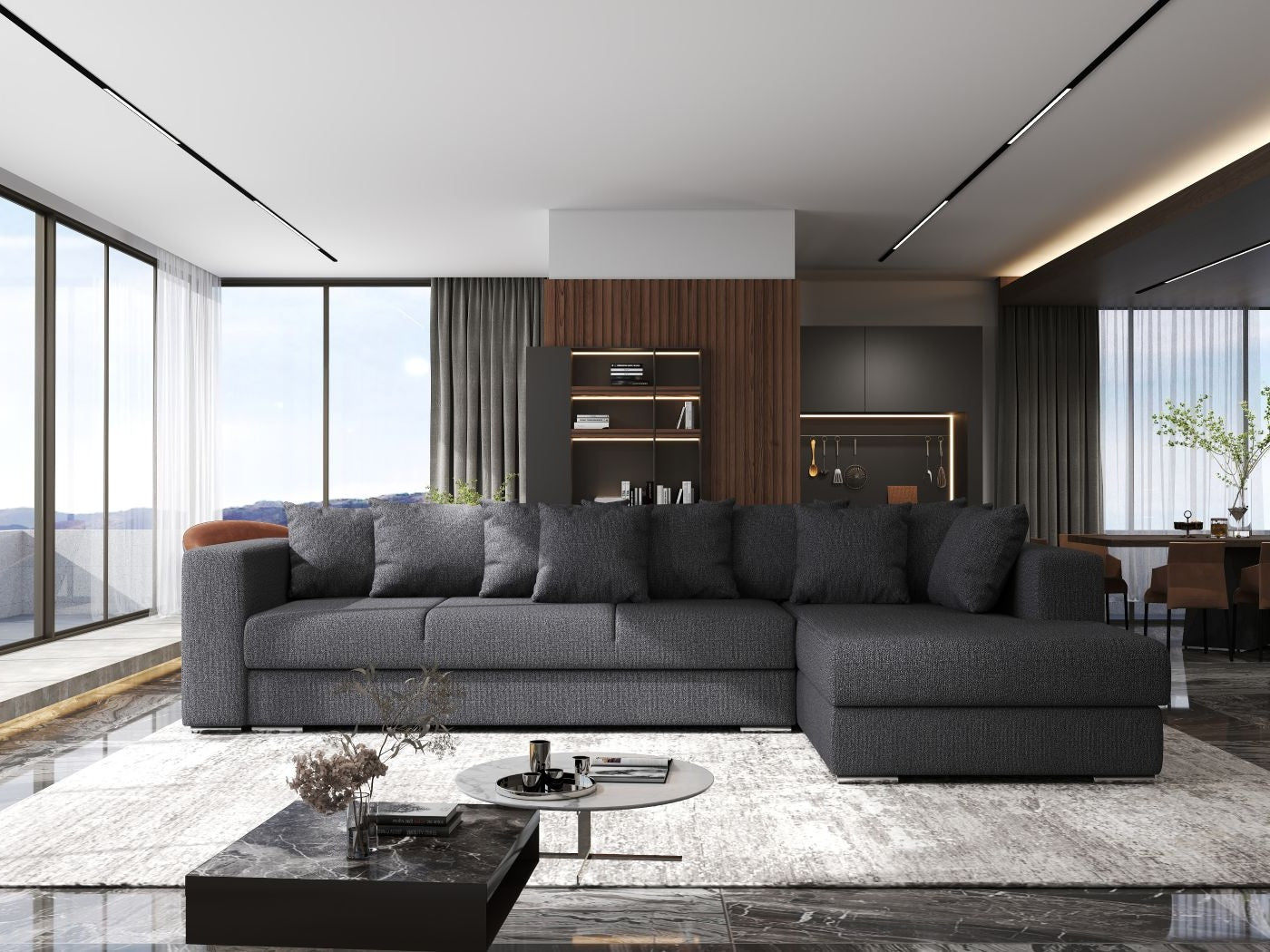 Colțar extensibil dumonde cu ladă de depozitare si sezut confortabil din spuma HR, Gloria Enjoy Grafit 320x183 cm Fabrica