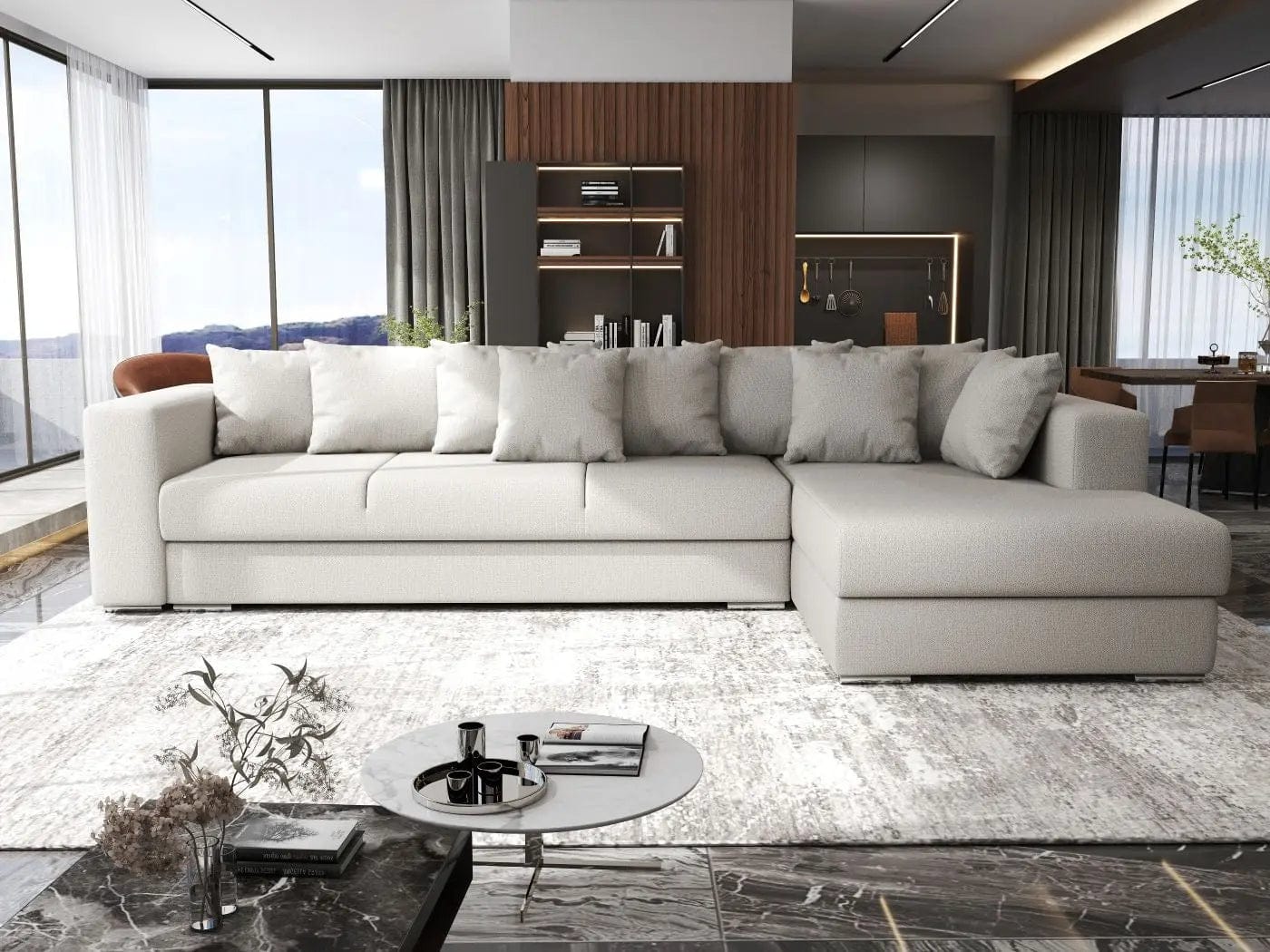 Colțar extensibil dumonde cu ladă de depozitare si sezut confortabil din spuma HR, Gloria Beige II 320x183 cm Fabrica