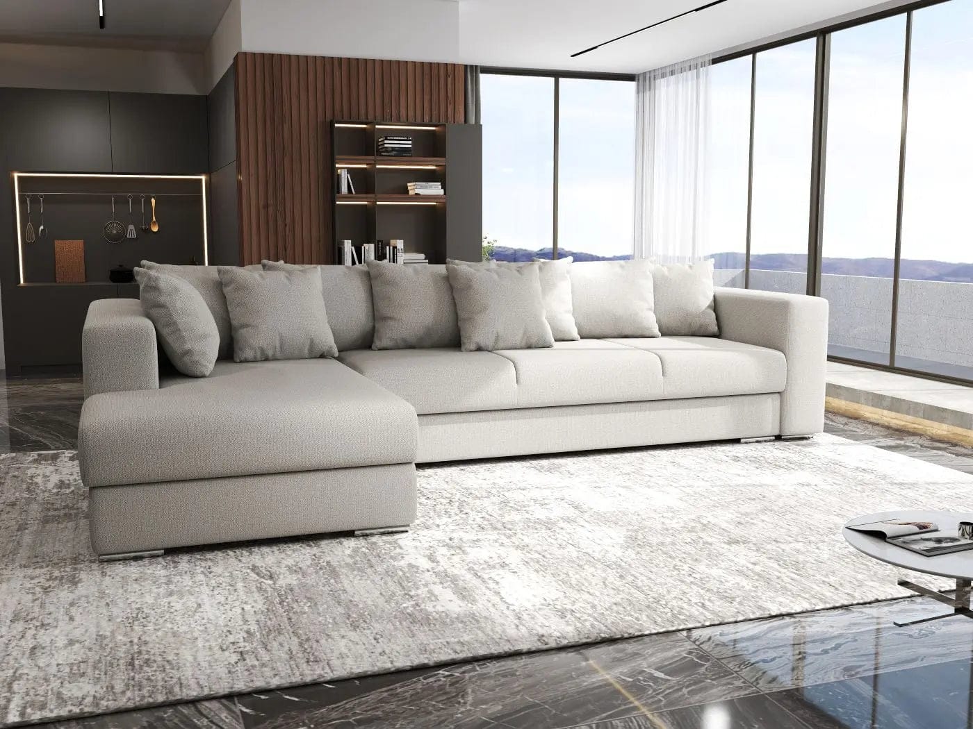 Colțar extensibil dumonde cu ladă de depozitare si sezut confortabil din spuma HR, Gloria Beige 320x183 cm Fabrica