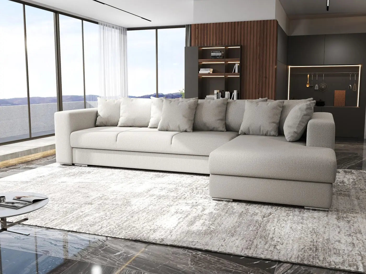 Colțar extensibil dumonde cu ladă de depozitare si sezut confortabil din spuma HR, Gloria Beige II 320x183 cm Fabrica