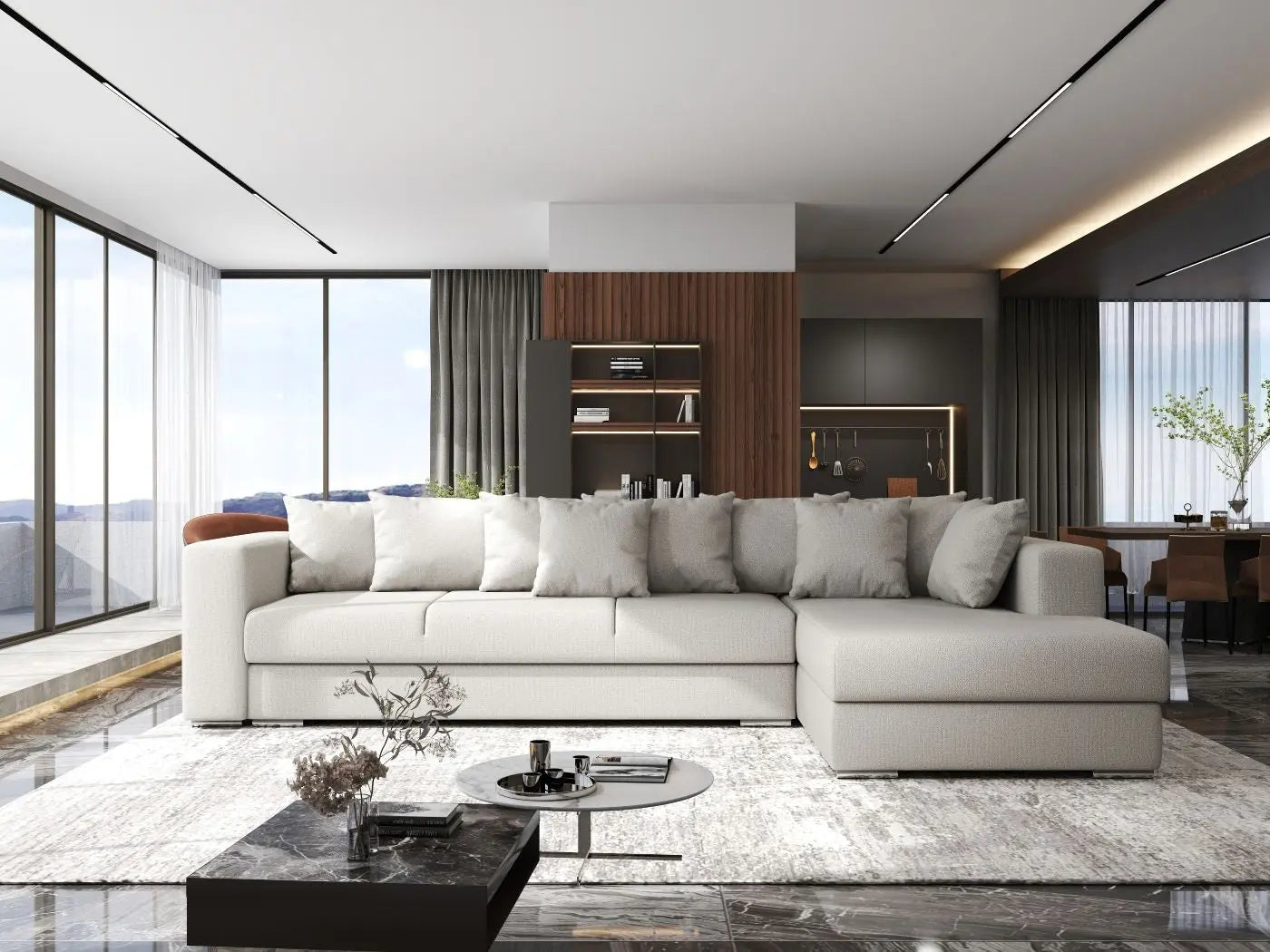 Colțar extensibil dumonde cu ladă de depozitare si sezut confortabil din spuma HR, Gloria Beige II 320x183 cm Fabrica