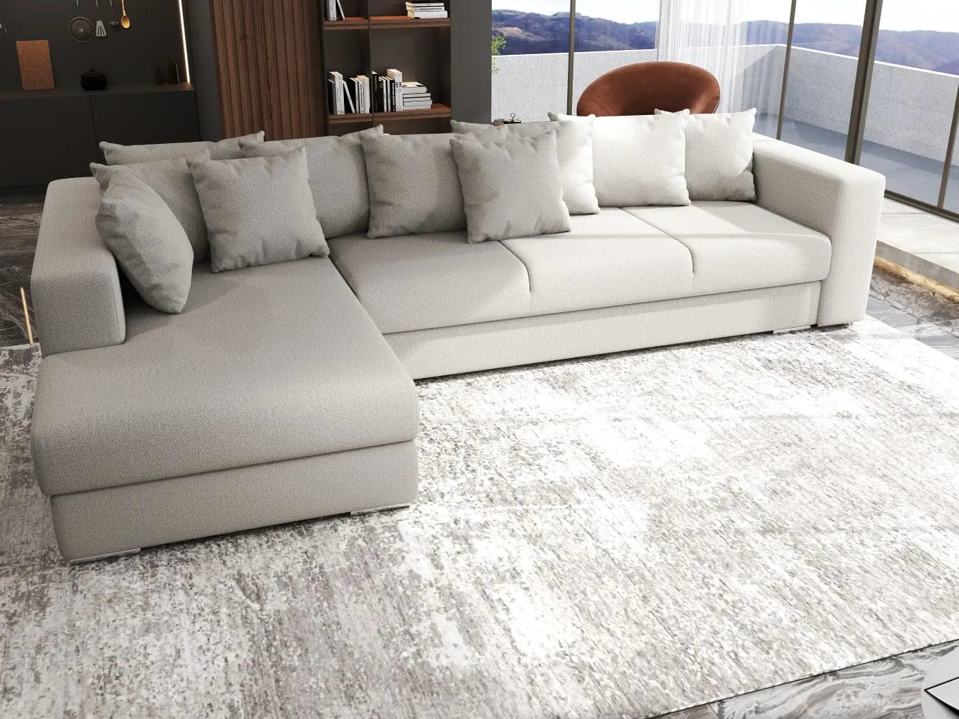 Colțar extensibil dumonde cu ladă de depozitare si sezut confortabil din spuma HR, Gloria Beige 320x183 cm Fabrica
