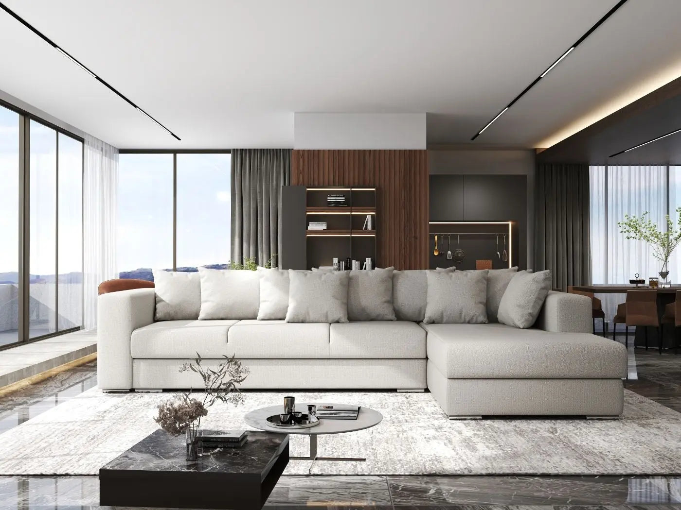 Colțar extensibil dumonde cu ladă de depozitare si sezut confortabil din spuma HR, Gloria Beige II 320x183 cm Fabrica