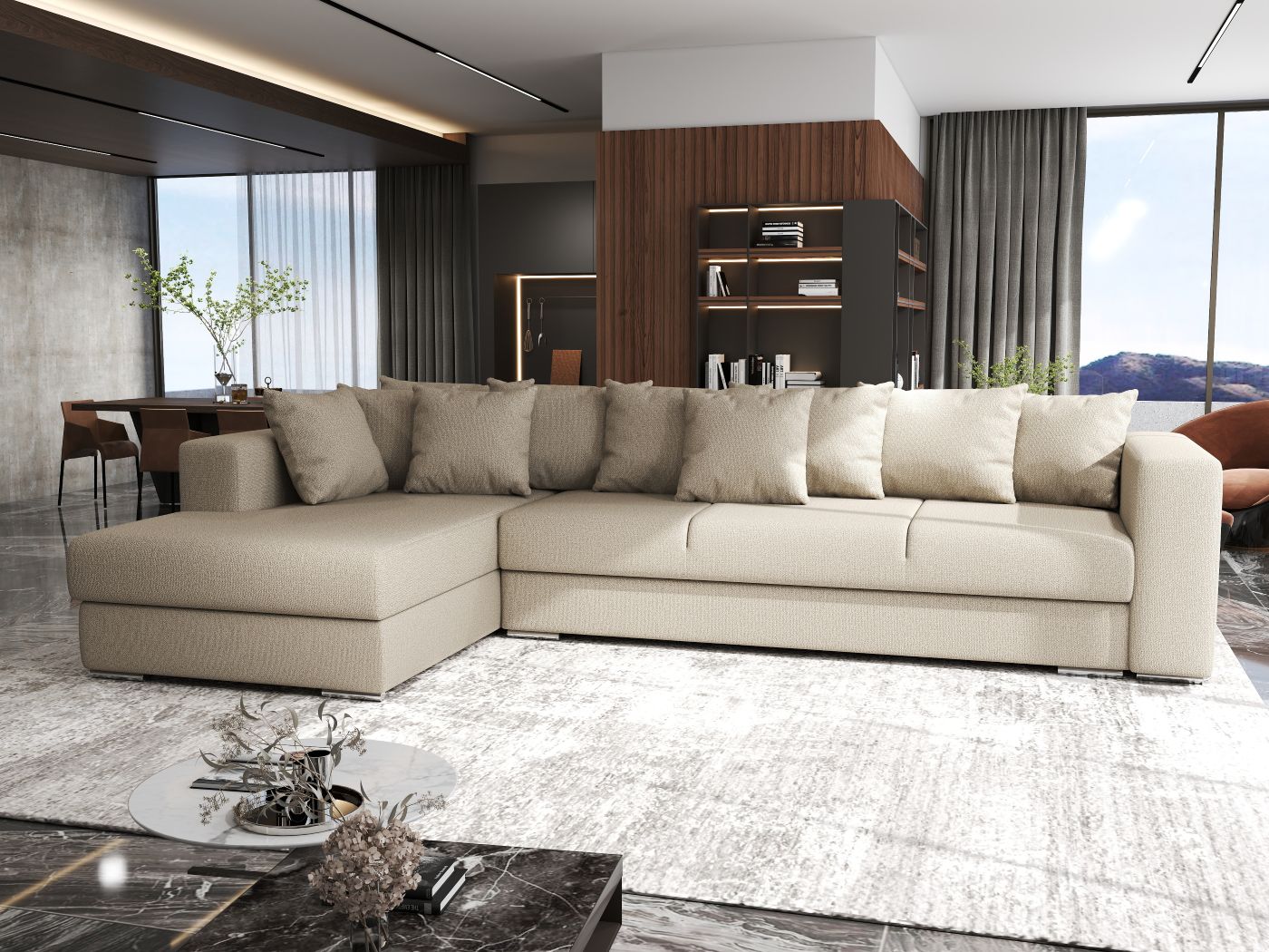 Colțar extensibil dumonde cu ladă de depozitare si sezut confortabil din spuma HR, Gloria Enjoy Camel 320x183 cm Fabrica