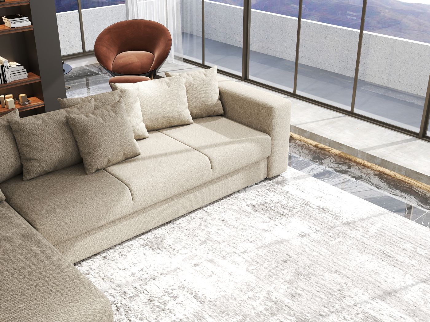 Colțar extensibil dumonde cu ladă de depozitare si sezut confortabil din spuma HR, Gloria Enjoy Camel 320x183 cm Fabrica