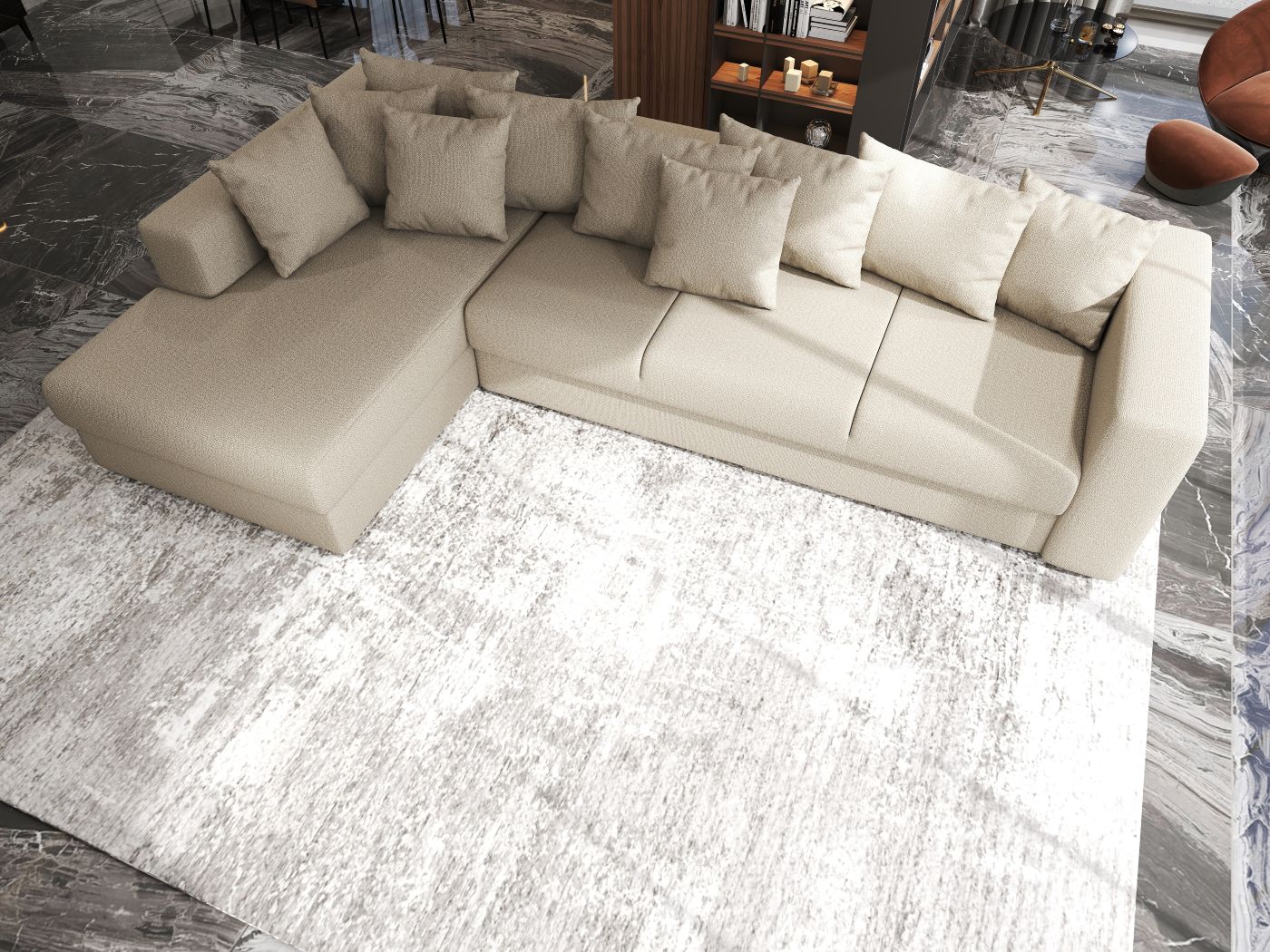 Colțar extensibil dumonde cu ladă de depozitare si sezut confortabil din spuma HR, Gloria Enjoy Camel 320x183 cm Fabrica