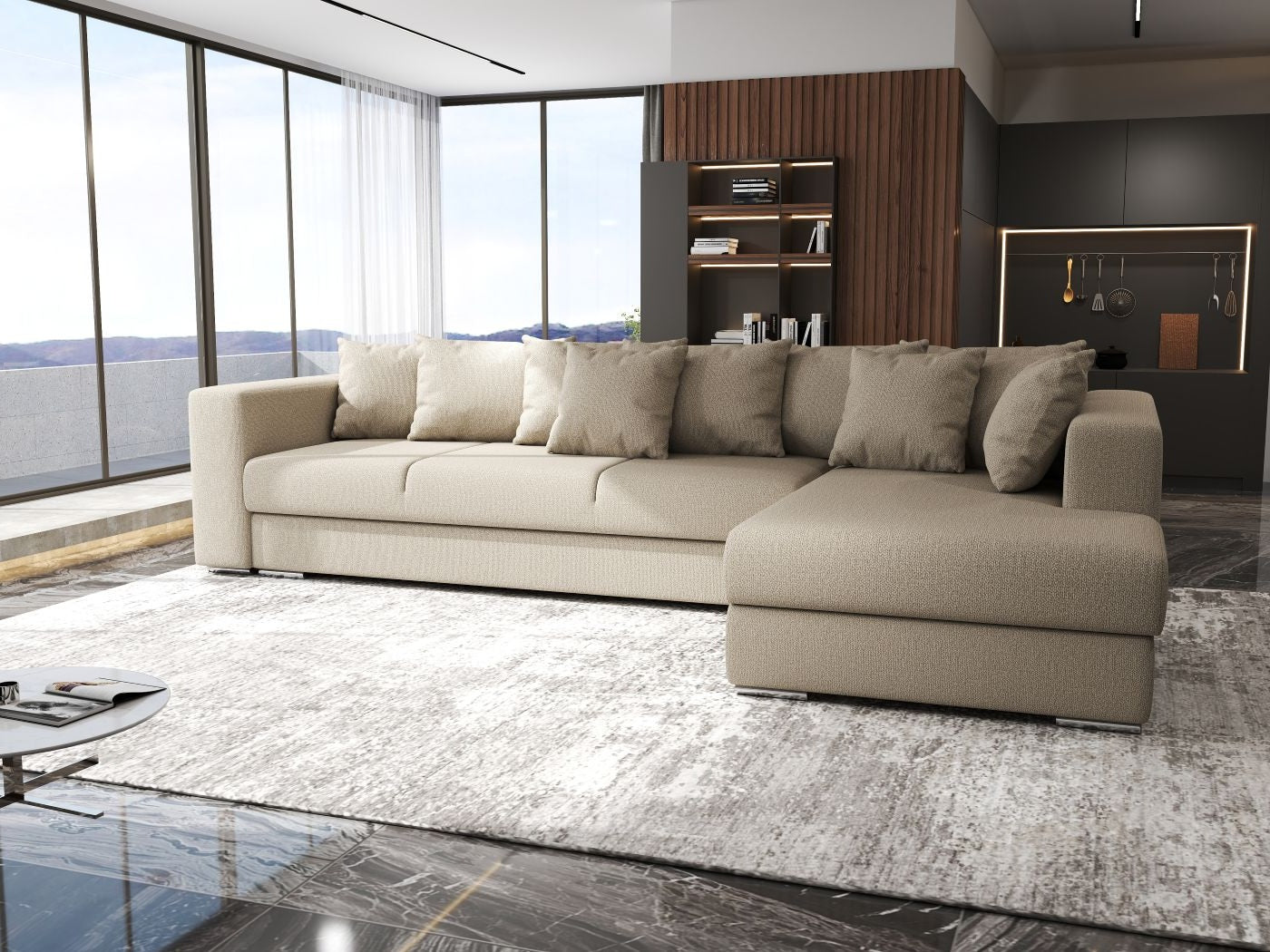 Colțar extensibil dumonde cu ladă de depozitare si sezut confortabil din spuma HR, Gloria Beige III 320x183 cm Fabrica