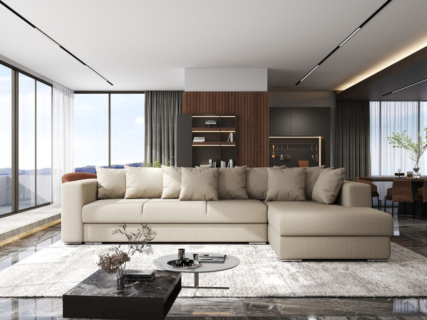 Colțar extensibil dumonde cu ladă de depozitare si sezut confortabil din spuma HR, Gloria Enjoy Camel II 320x183 cm Fabrica