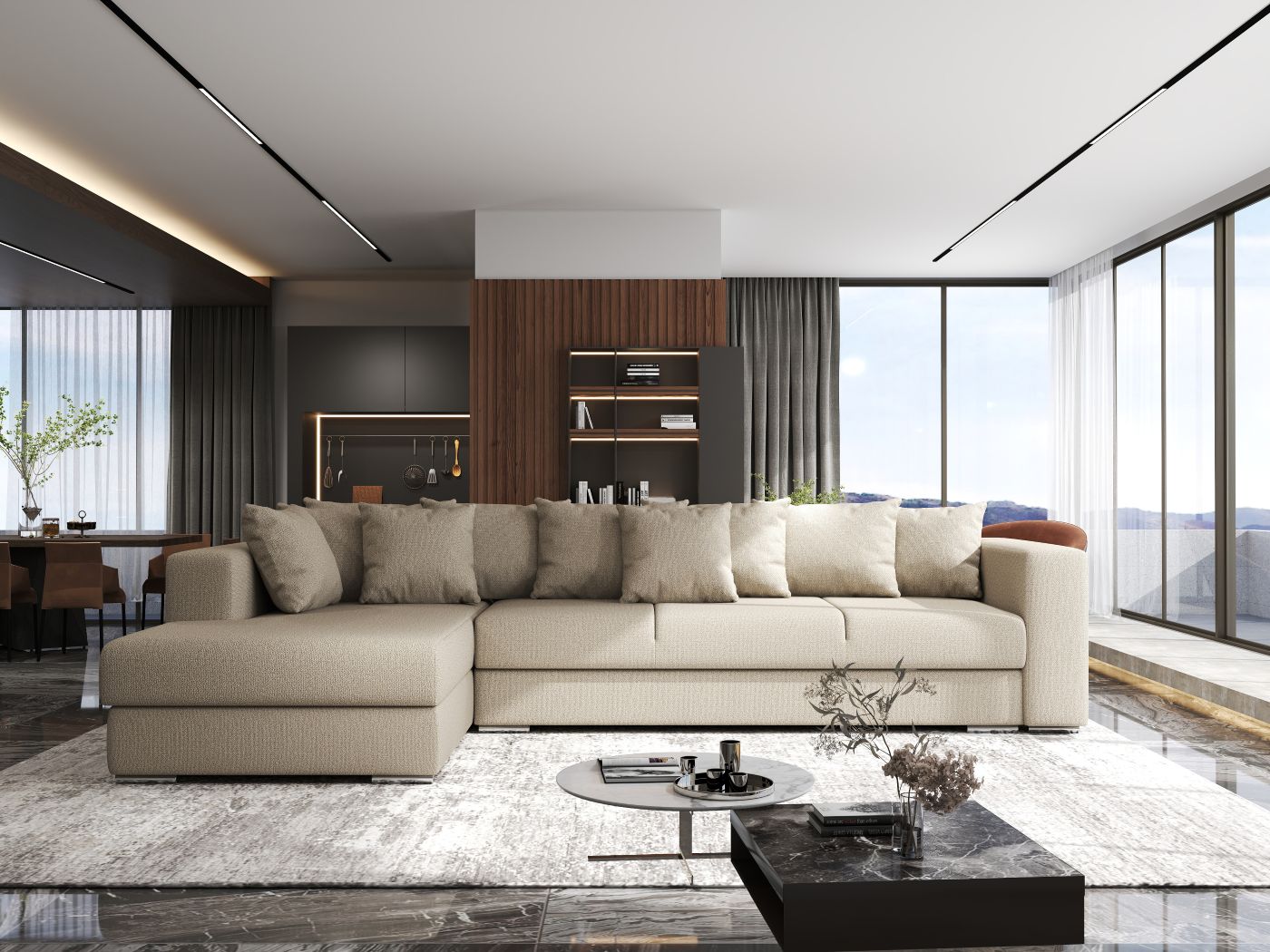 Colțar extensibil dumonde cu ladă de depozitare si sezut confortabil din spuma HR, Gloria Enjoy Camel 320x183 cm Fabrica