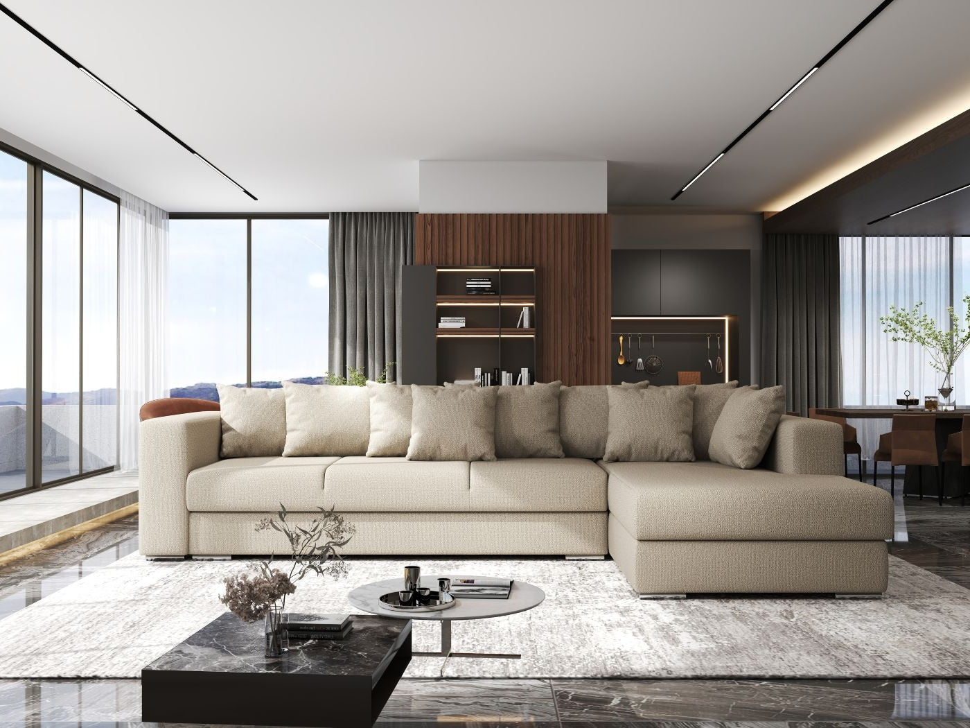 Colțar extensibil dumonde cu ladă de depozitare si sezut confortabil din spuma HR, Gloria Enjoy Camel II 320x183 cm Fabrica