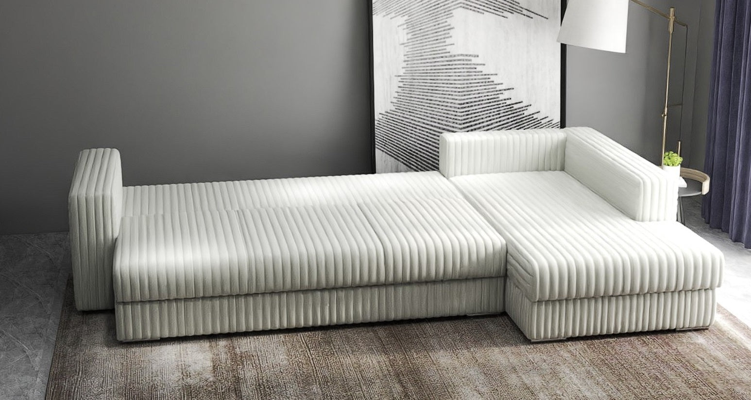 Colțar extensibil dumonde cu ladă de depozitare si sezut confortabil din spuma HR, Gloria Ambience Ivory II 320x183 cm Fabrica