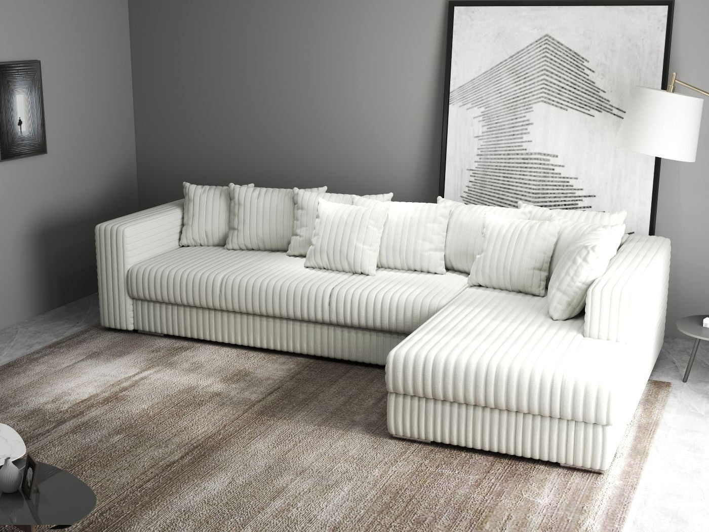 Colțar extensibil dumonde cu ladă de depozitare si sezut confortabil din spuma HR, Gloria Ambience Ivory II 320x183 cm Fabrica