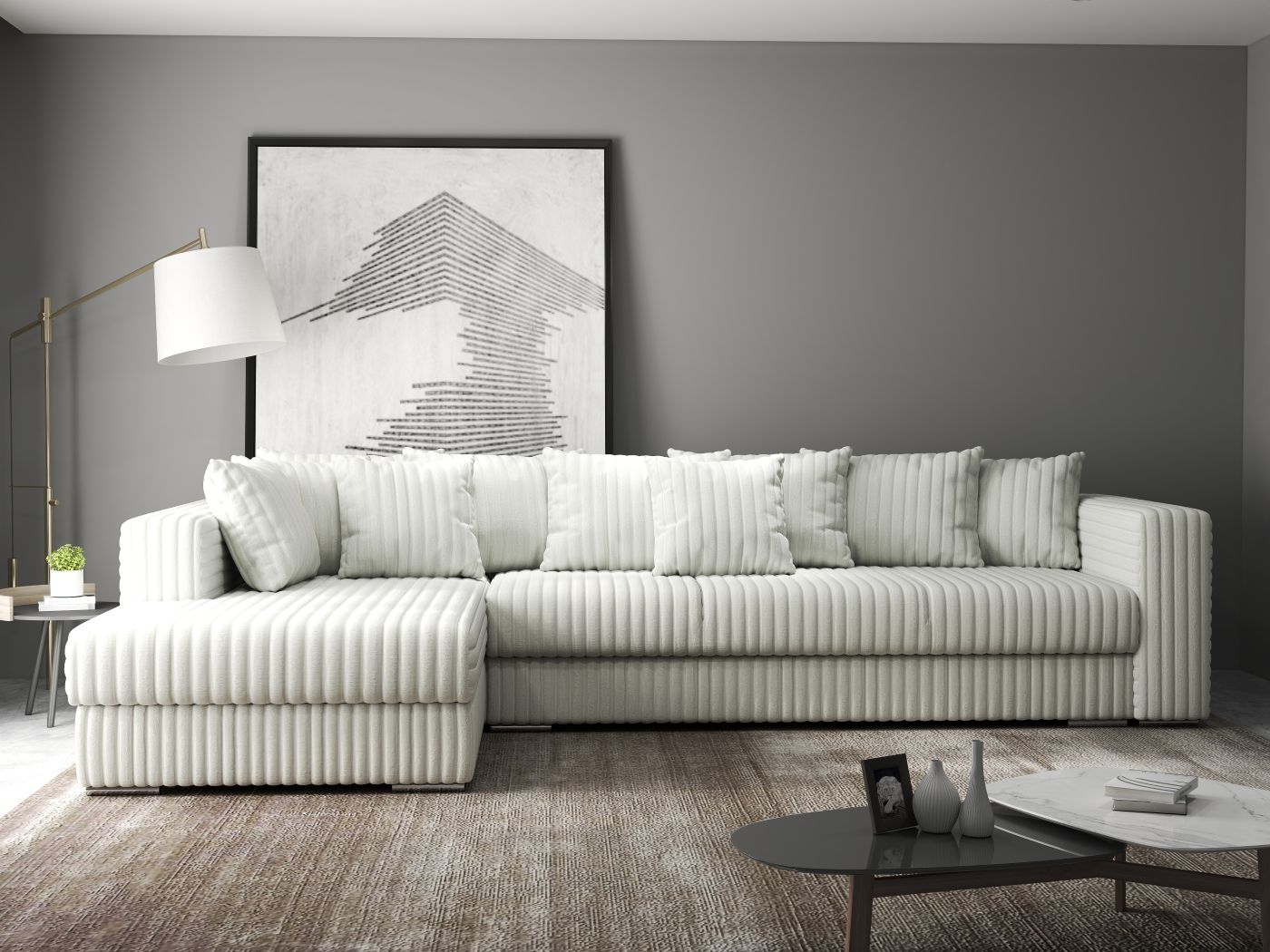 Colțar extensibil dumonde cu ladă de depozitare si sezut confortabil din spuma HR, Gloria Ambience Ivory 320x183 cm Fabrica