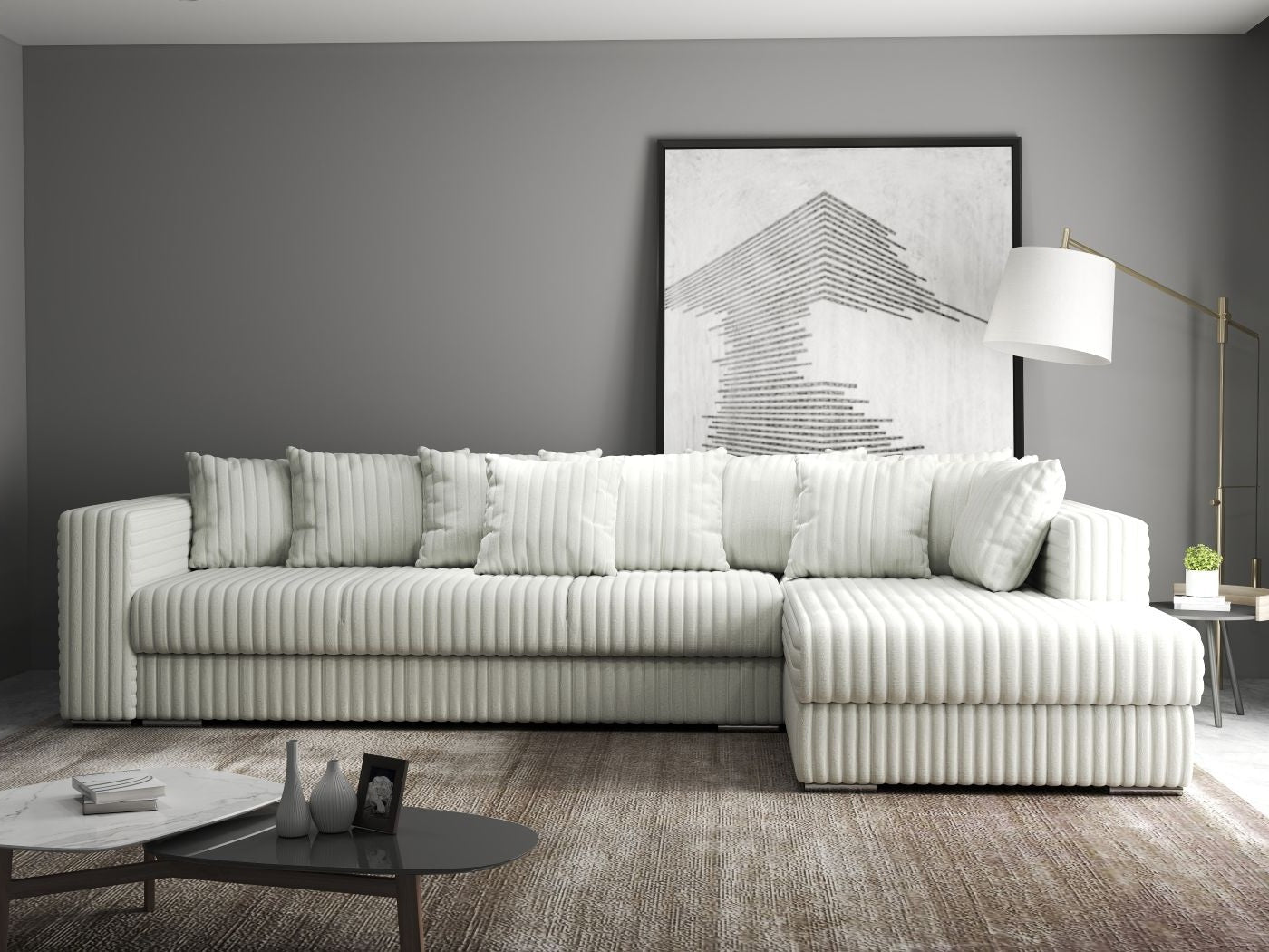 Colțar extensibil dumonde cu ladă de depozitare si sezut confortabil din spuma HR, Gloria Ambience Ivory II 320x183 cm Fabrica