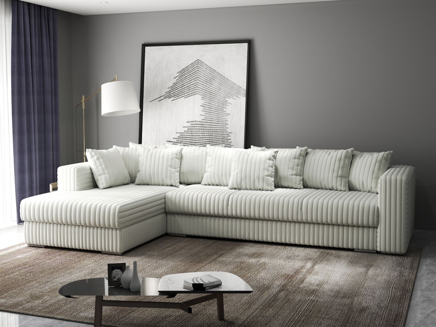 Colțar extensibil dumonde cu ladă de depozitare si sezut confortabil din spuma HR, Gloria Ambience Ivory 320x183 cm Fabrica