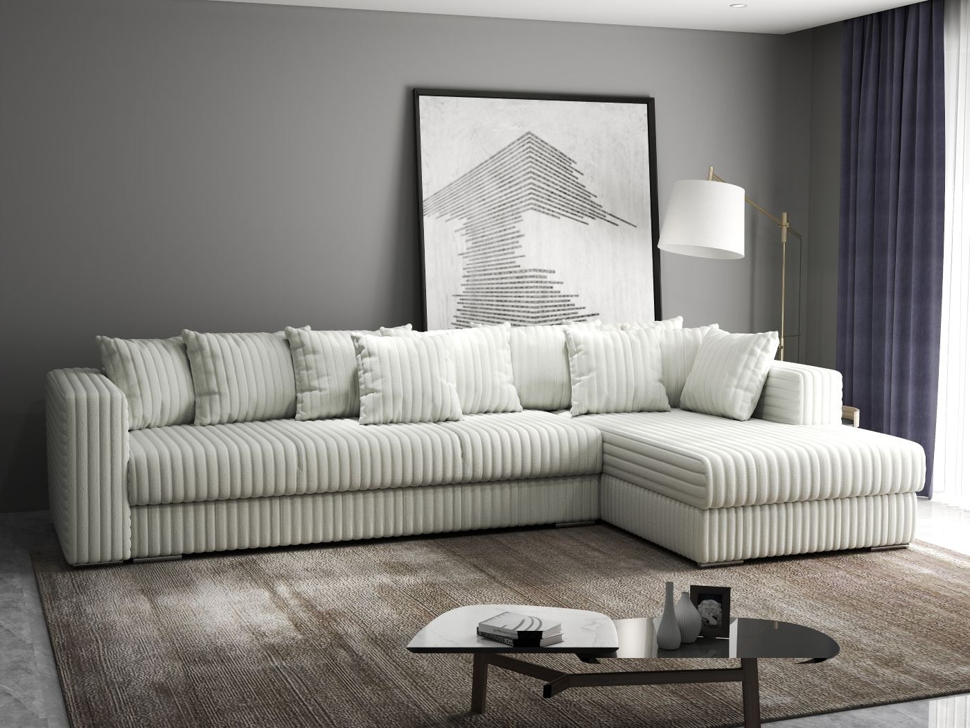 Colțar extensibil dumonde cu ladă de depozitare si sezut confortabil din spuma HR, Gloria Bej Ambience II 320x183 cm Fabrica