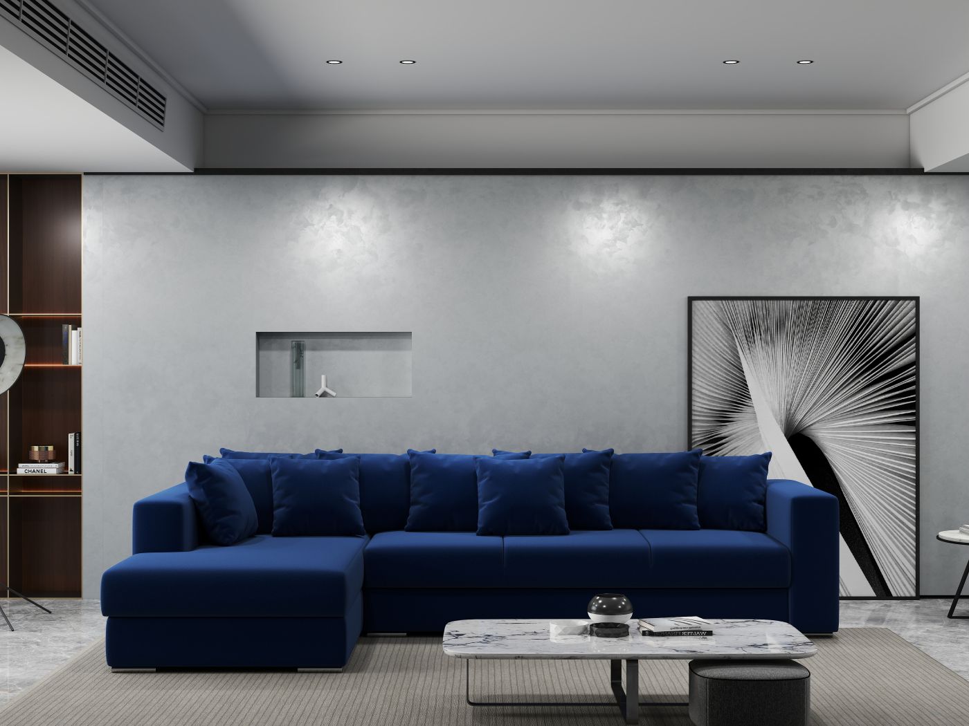 Colțar extensibil dumonde cu ladă de depozitare si sezut confortabil din spuma HR, Gloria Bleumarin Royal 320x183 cm Fabrica
