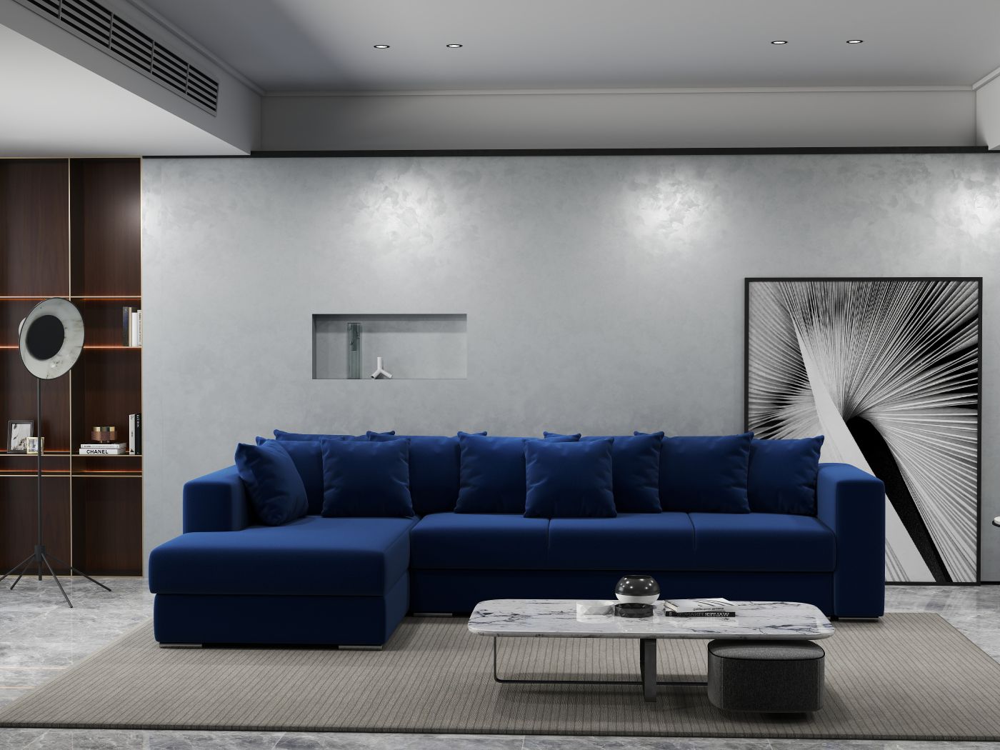 Colțar extensibil dumonde cu ladă de depozitare si sezut confortabil din spuma HR, Gloria Royal Blue 320x183 cm Fabrica