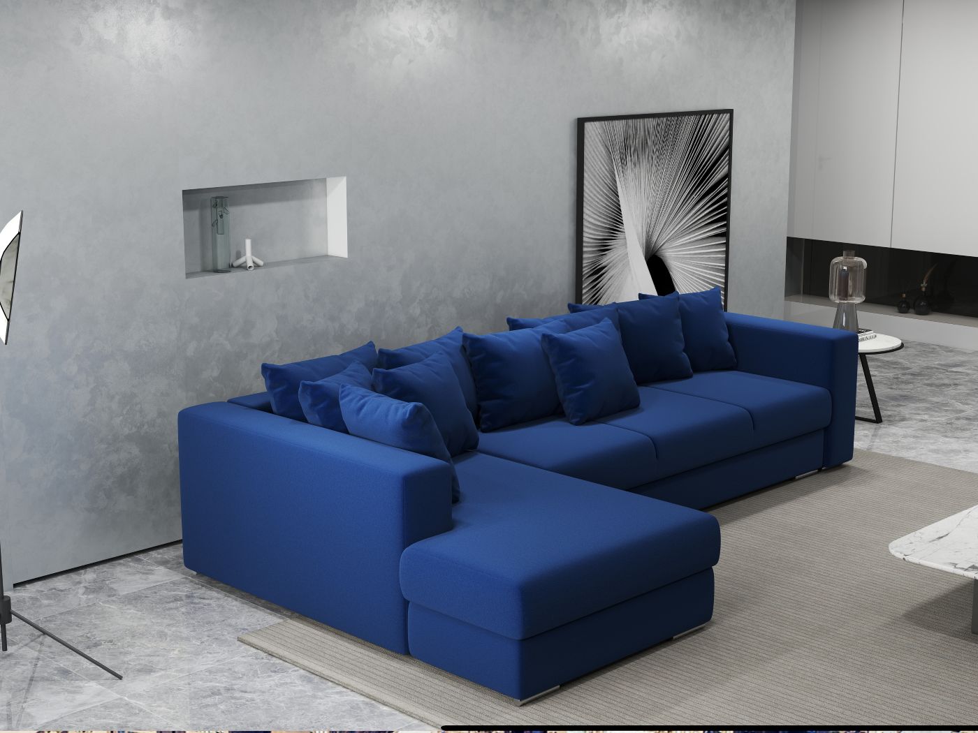 Colțar extensibil dumonde cu ladă de depozitare si sezut confortabil din spuma HR, Gloria Royal Blue 320x183 cm Fabrica