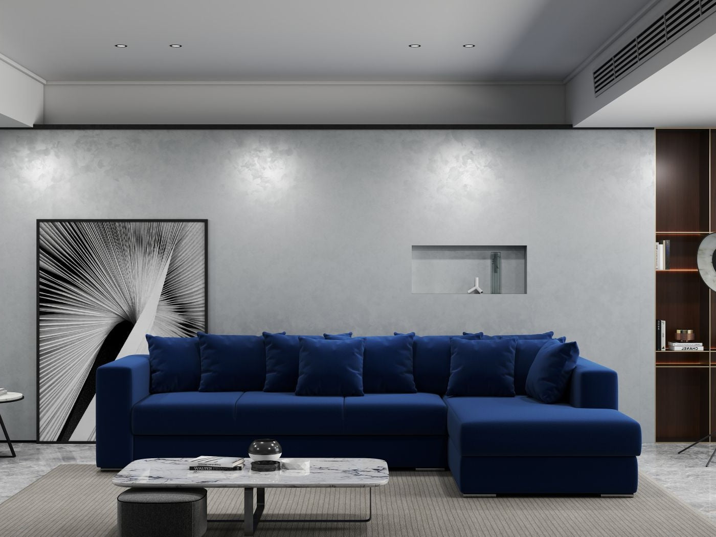Colțar extensibil dumonde cu ladă de depozitare si sezut confortabil din spuma HR, Gloria Bleumarin Royal II 320x183 cm Fabrica