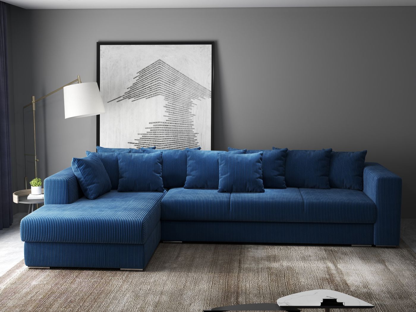 Colțar extensibil dumonde cu ladă de depozitare si sezut confortabil din spuma HR, Gloria Zoom Blue II 320x183 cm Fabrica