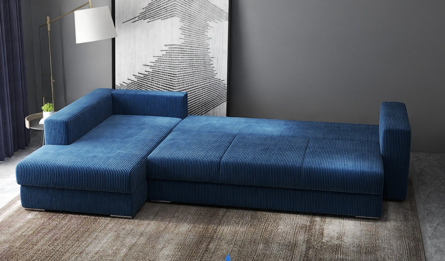Colțar extensibil dumonde cu ladă de depozitare si sezut confortabil din spuma HR, Gloria Zoom Blue II 320x183 cm Fabrica
