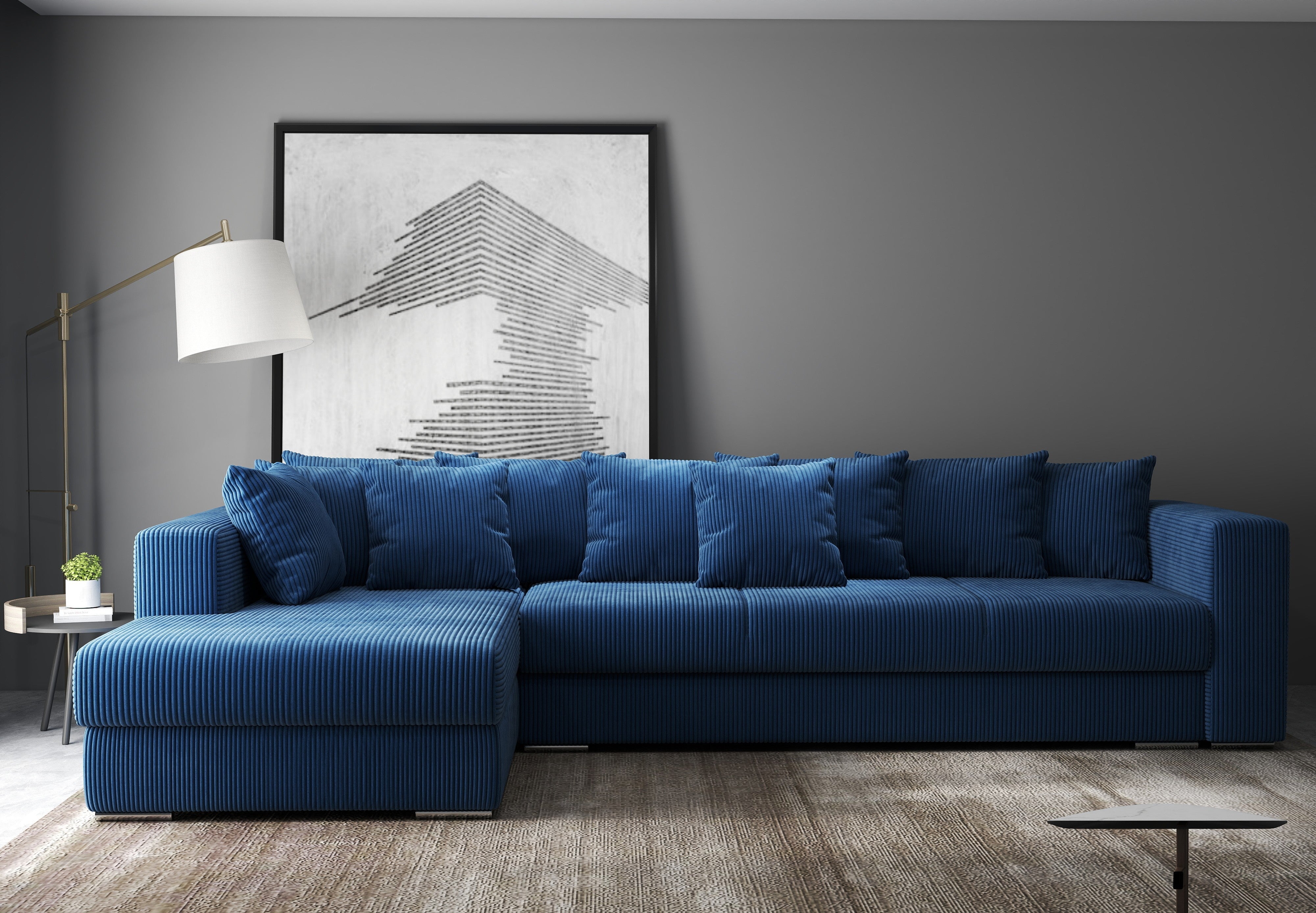 Colțar extensibil dumonde cu ladă de depozitare si sezut confortabil din spuma HR, Gloria Zoom Blue II 320x183 cm Fabrica