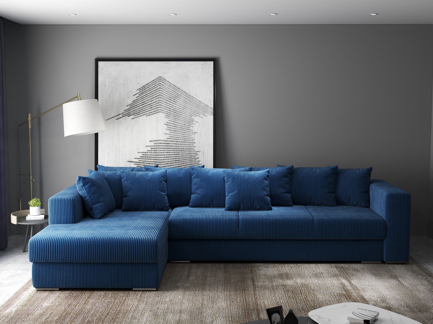 Colțar extensibil dumonde cu ladă de depozitare si sezut confortabil din spuma HR, Gloria Zoom Blue II 320x183 cm Fabrica