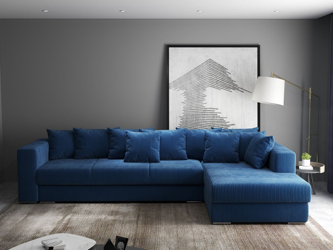 Colțar extensibil dumonde cu ladă de depozitare si sezut confortabil din spuma HR, Gloria Zoom Blue 320x183 cm Fabrica