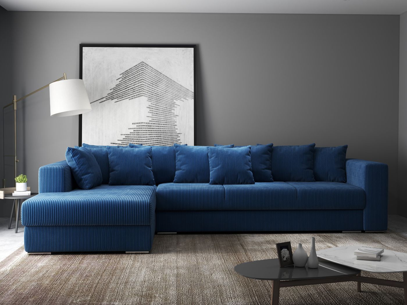 Colțar extensibil dumonde cu ladă de depozitare si sezut confortabil din spuma HR, Gloria Zoom Blue II 320x183 cm Fabrica