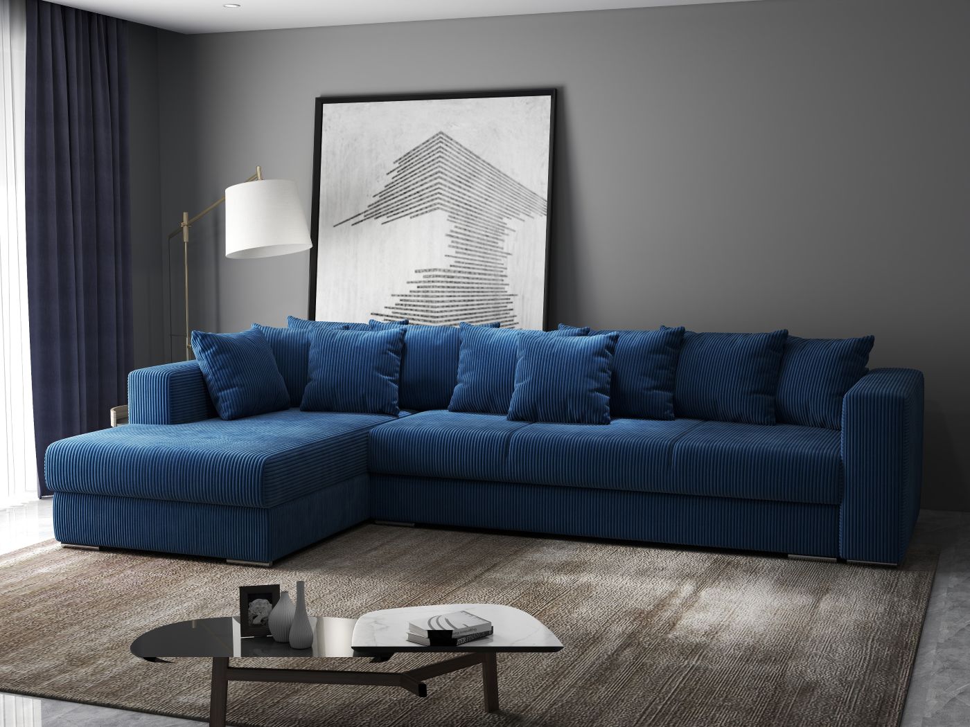 Colțar extensibil dumonde cu ladă de depozitare si sezut confortabil din spuma HR, Gloria Bleumarin Zoom II 320x183 cm Fabrica