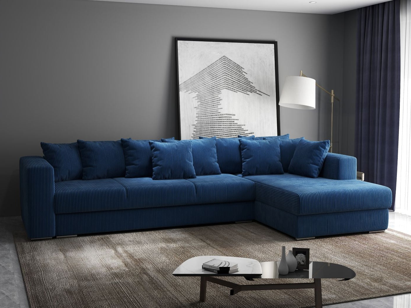 Colțar extensibil dumonde cu ladă de depozitare si sezut confortabil din spuma HR, Gloria Bleumarin Zoom 320x183 cm Fabrica