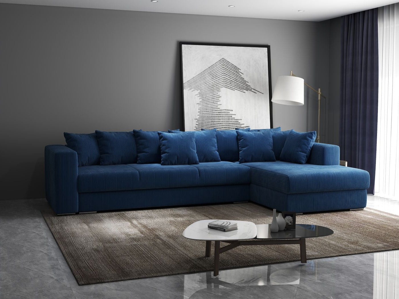 Colțar extensibil dumonde cu ladă de depozitare si sezut confortabil din spuma HR, Gloria Zoom Blue 320x183 cm Fabrica