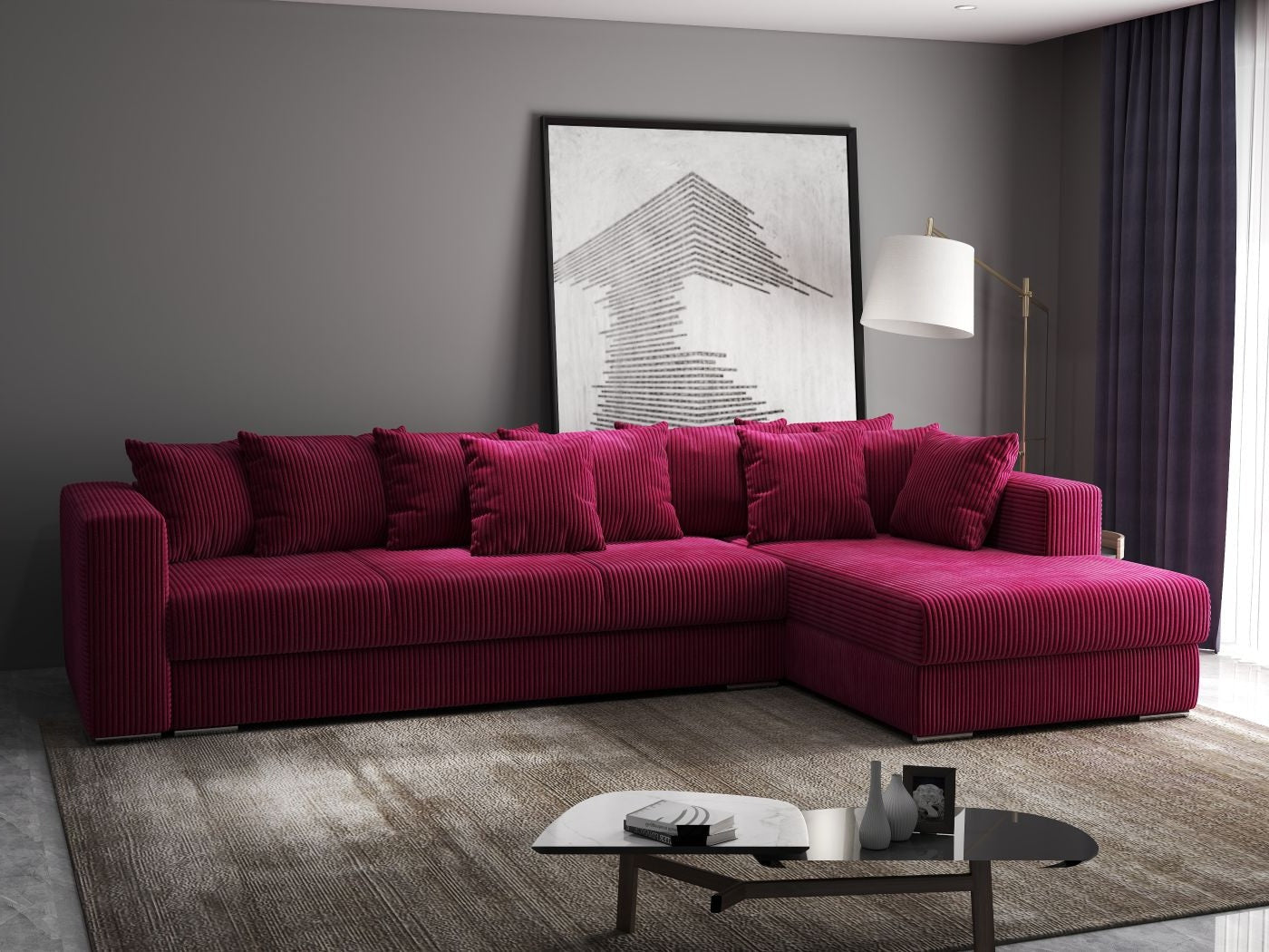 Colțar extensibil dumonde cu ladă de depozitare si sezut confortabil din spuma HR, Gloria Bordeaux Zoom II 320x183 cm Fabrica