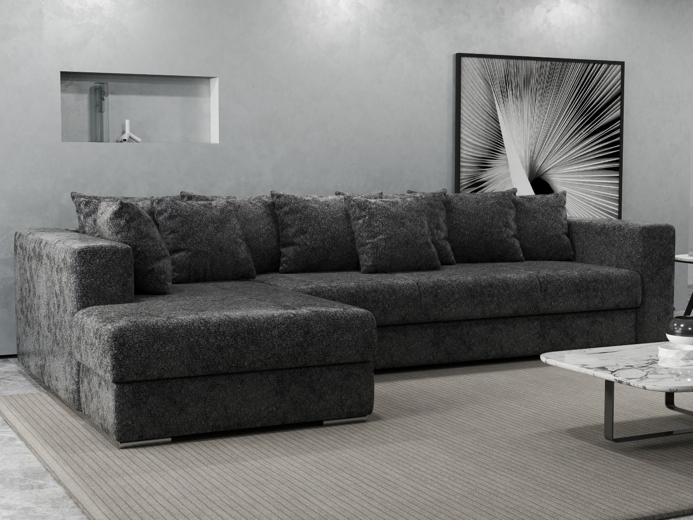 Colțar extensibil dumonde cu ladă de depozitare si sezut confortabil din spuma HR, Gloria Dark Gray Euphoria 320x183 cm Fabrica