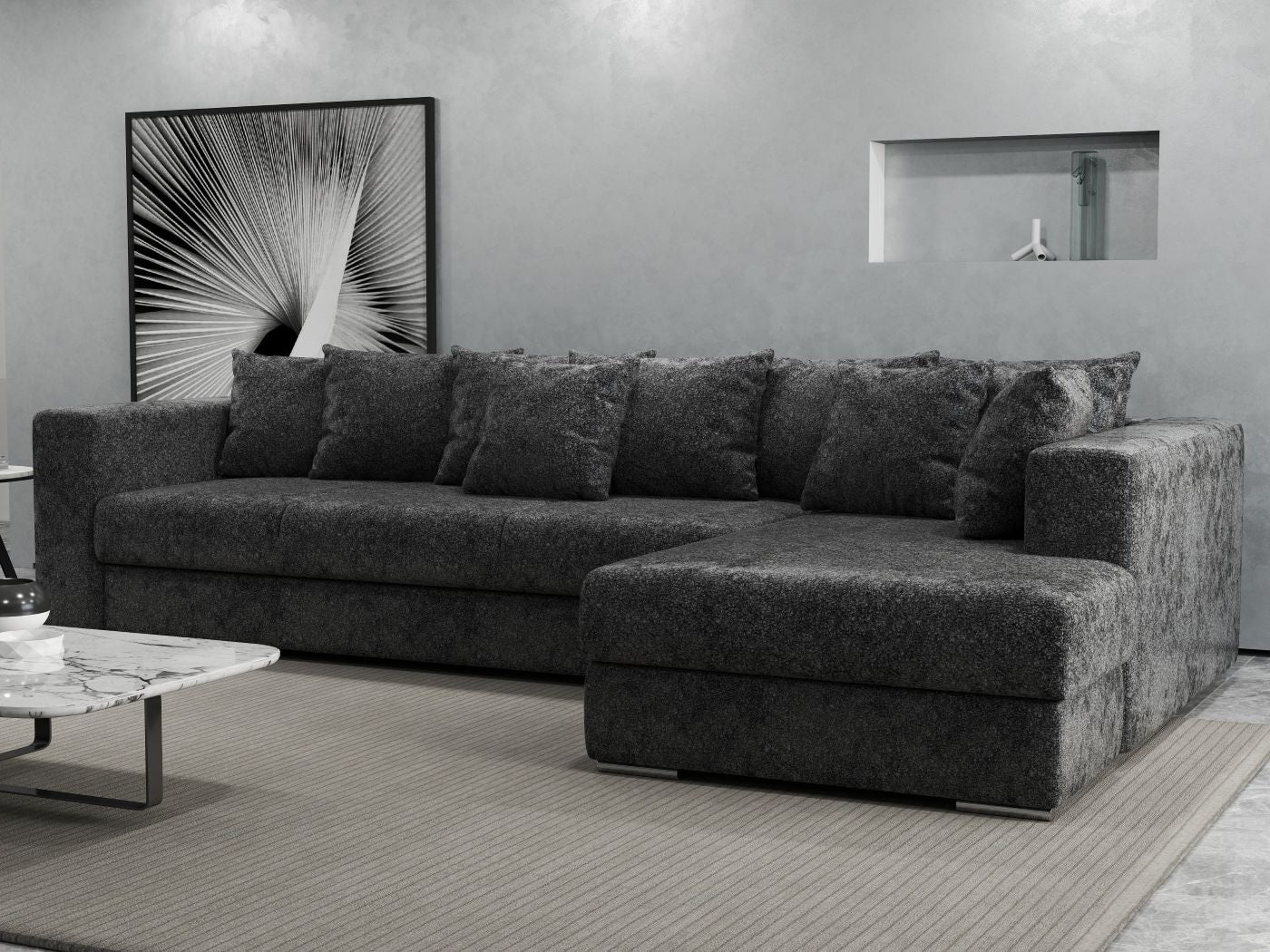 Colțar extensibil dumonde cu ladă de depozitare si sezut confortabil din spuma HR, Gloria Euphoria Black II 320x183 cm Fabrica