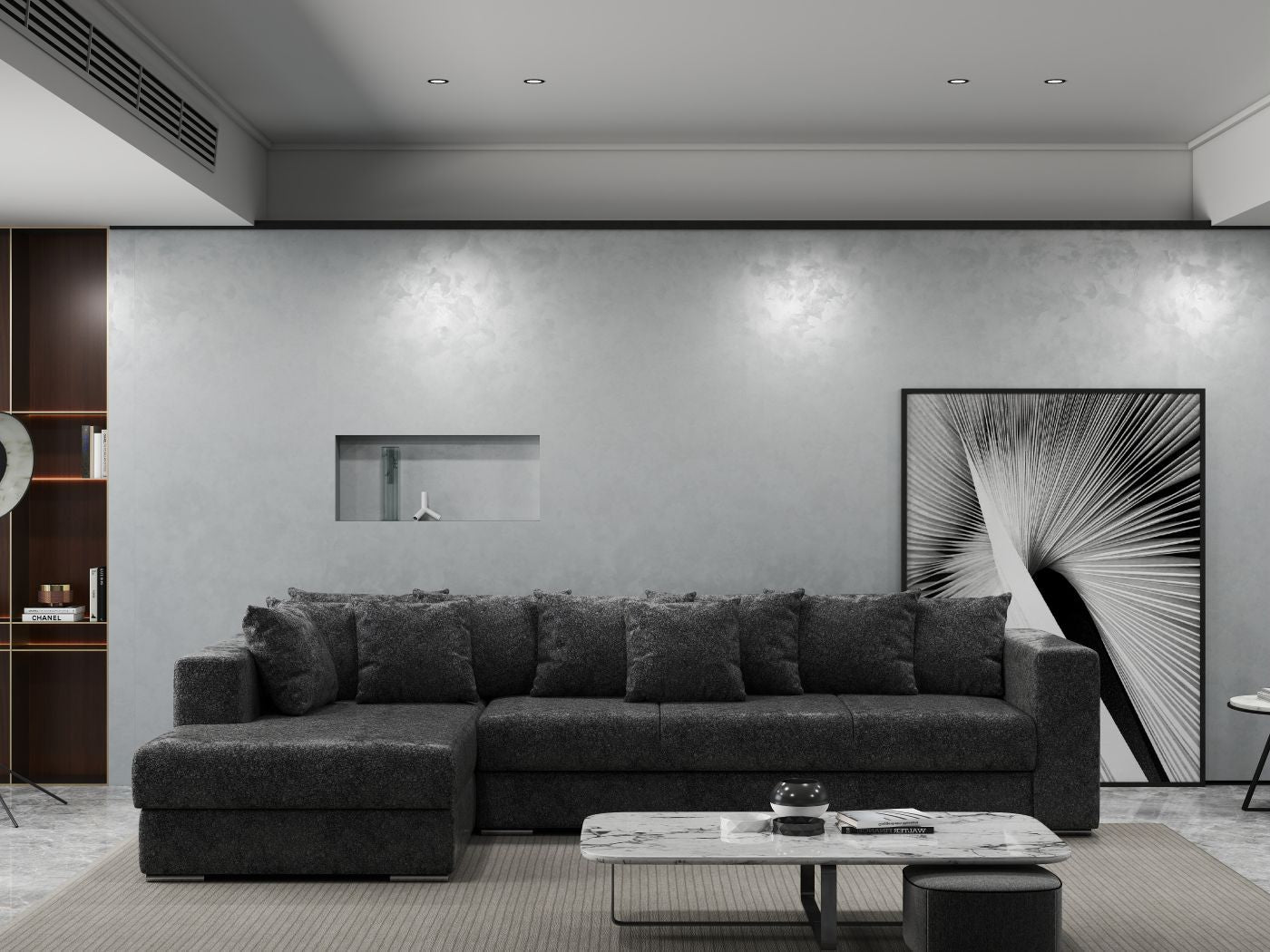 Colțar extensibil dumonde cu ladă de depozitare si sezut confortabil din spuma HR, Gloria Euphoria Black 320x183 cm Fabrica