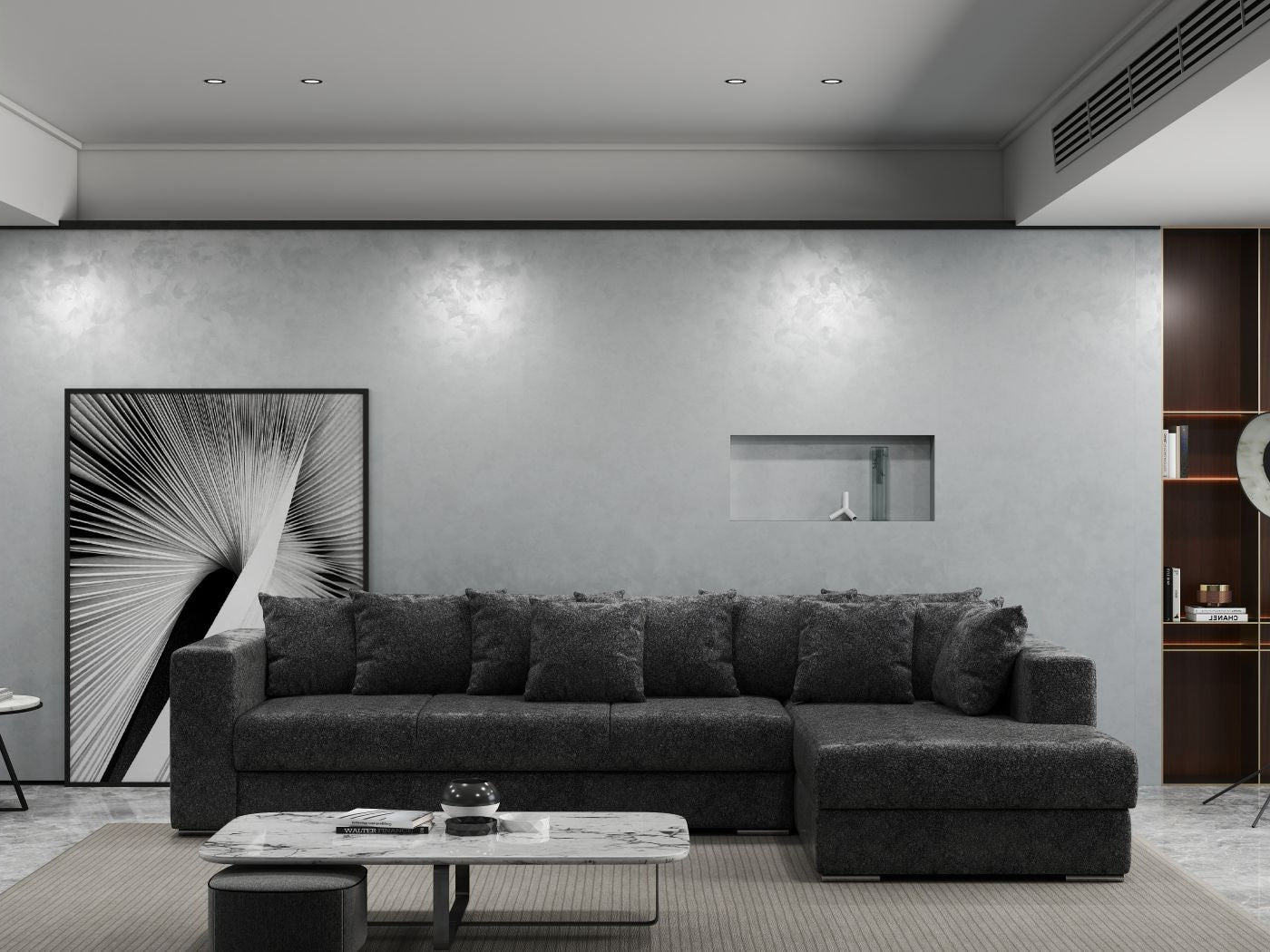 Colțar extensibil dumonde cu ladă de depozitare si sezut confortabil din spuma HR, Gloria Euphoria Black II 320x183 cm Fabrica