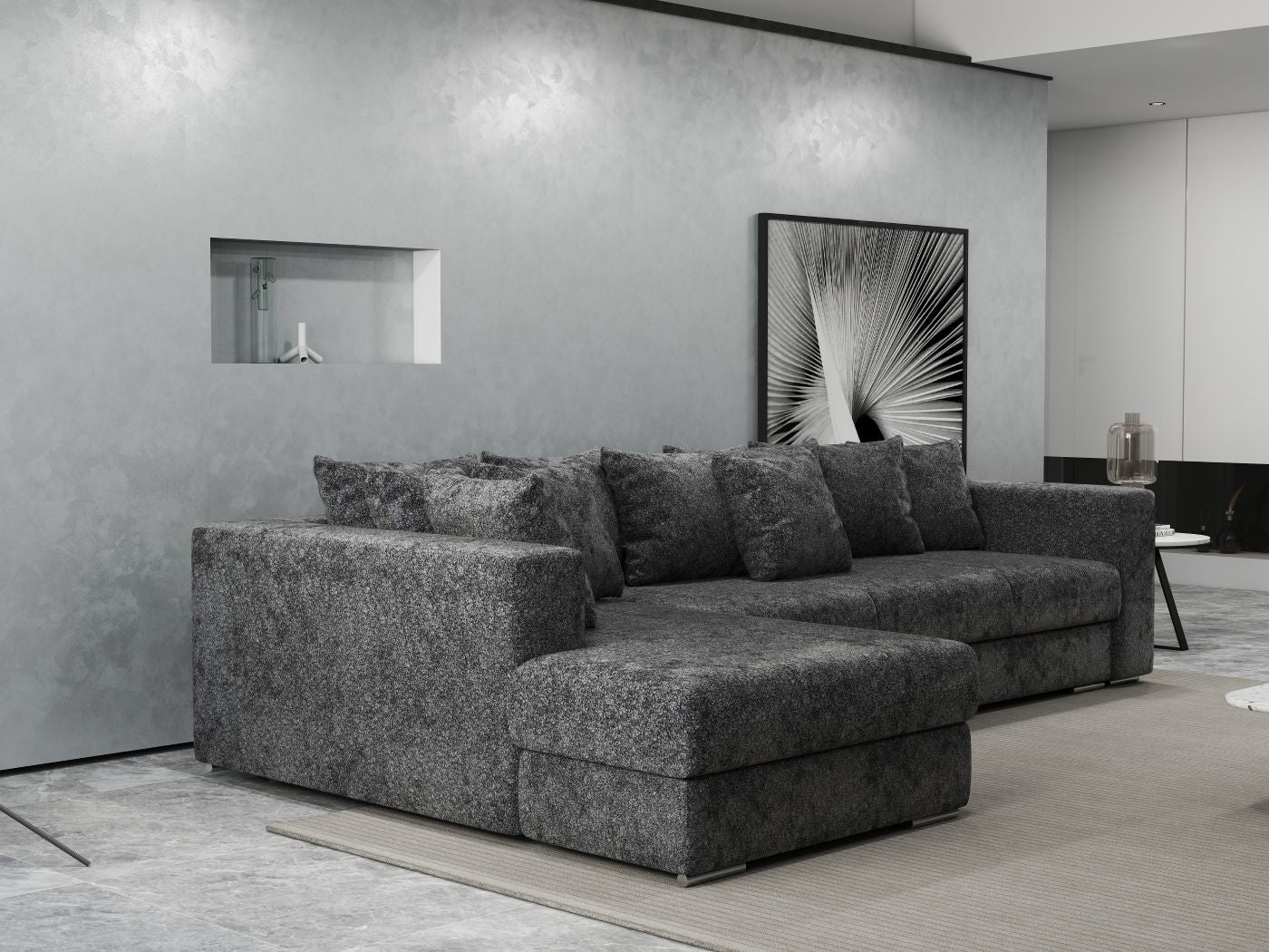 Colțar extensibil dumonde cu ladă de depozitare si sezut confortabil din spuma HR, Gloria Euphoria Black 320x183 cm Fabrica