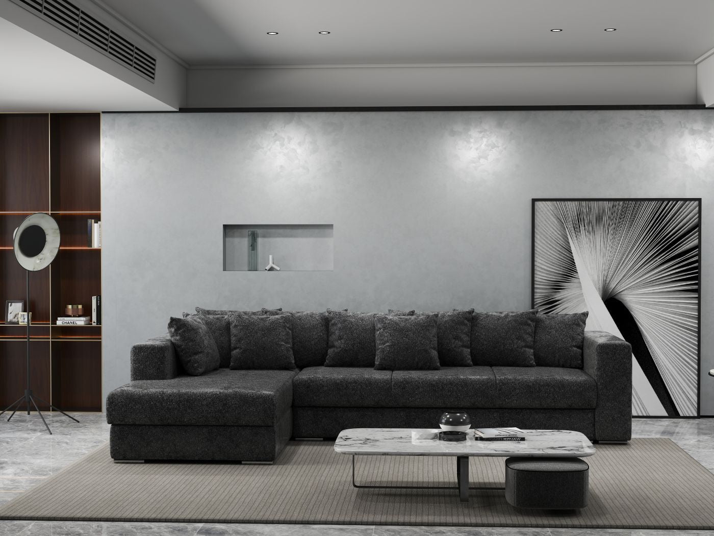 Colțar extensibil dumonde cu ladă de depozitare si sezut confortabil din spuma HR, Gloria Euphoria Black 320x183 cm Fabrica