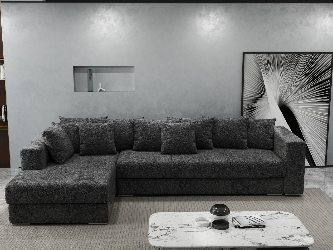 Colțar extensibil dumonde cu ladă de depozitare si sezut confortabil din spuma HR, Gloria Euphoria Black 320x183 cm Fabrica