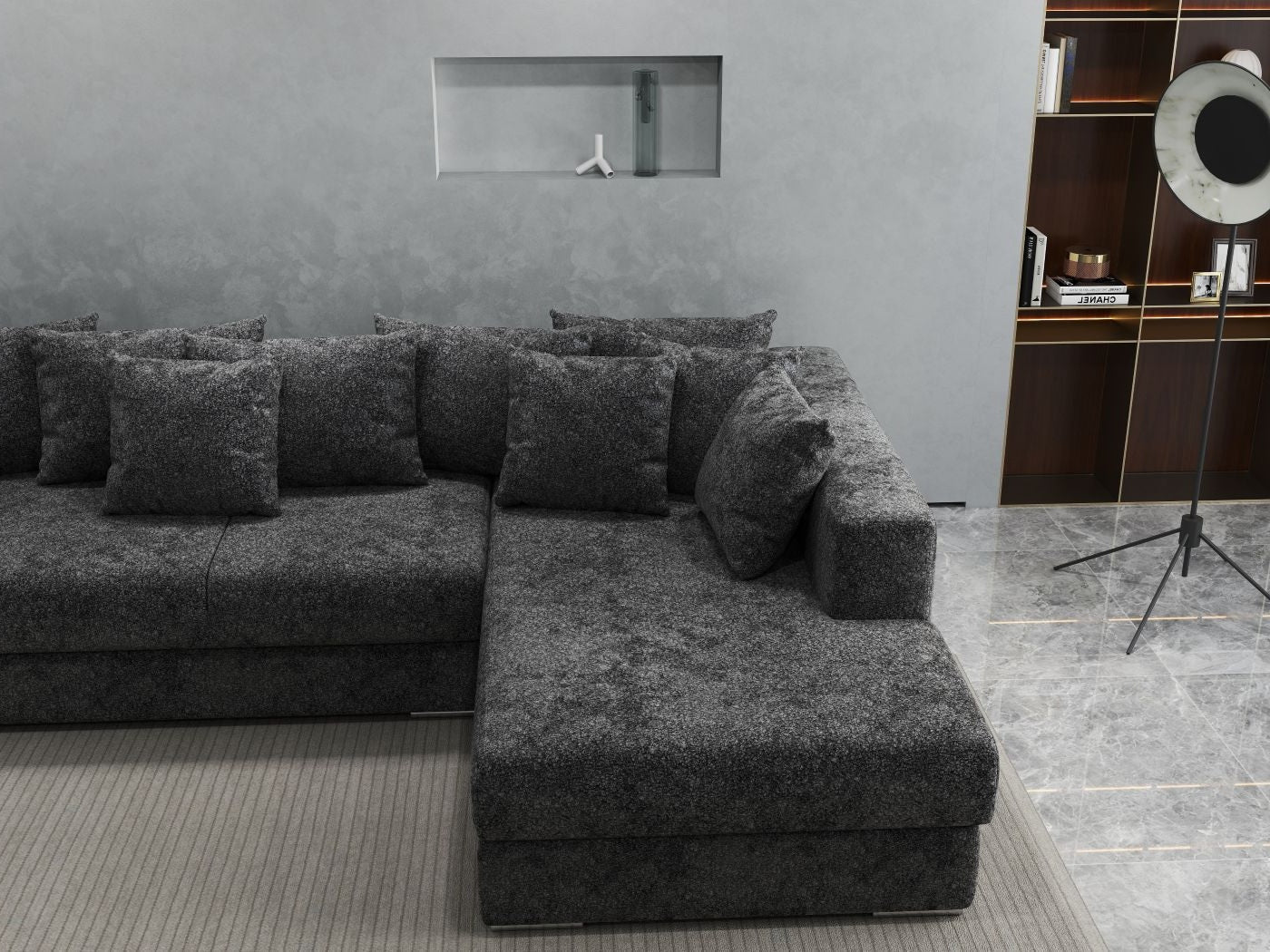 Colțar extensibil dumonde cu ladă de depozitare si sezut confortabil din spuma HR, Gloria Euphoria Black II 320x183 cm Fabrica