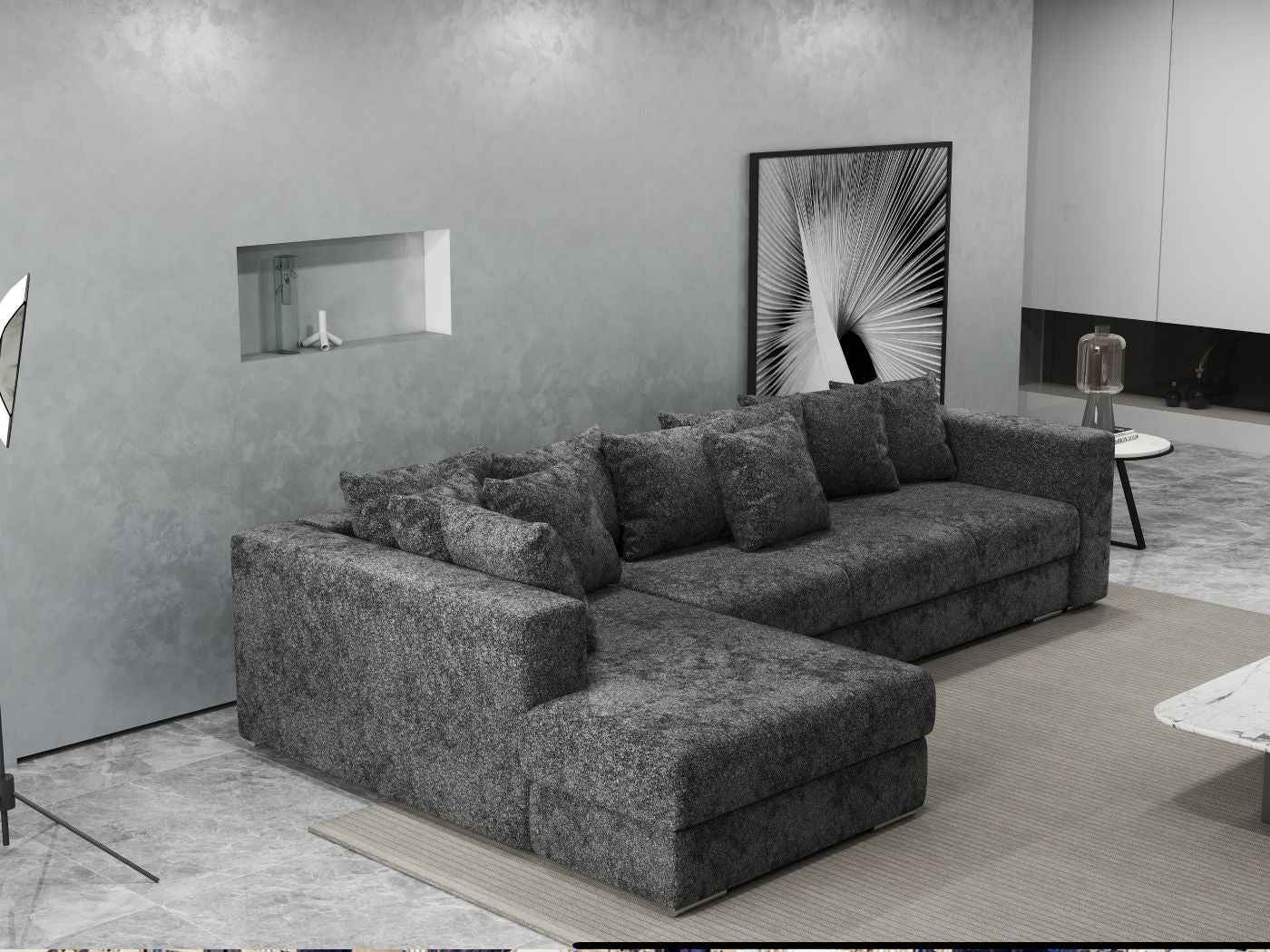 Colțar extensibil dumonde cu ladă de depozitare si sezut confortabil din spuma HR, Gloria Euphoria Black 320x183 cm Fabrica