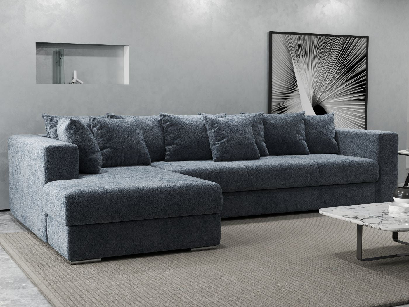 Colțar extensibil dumonde cu ladă de depozitare si sezut confortabil din spuma HR, Gloria Gray Euphoria 320x183 cm Fabrica